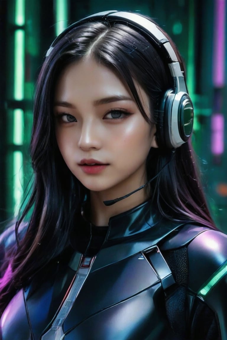 masterpiece, best quality, photorealistic, 1girl, solo, long straight hair, jet-black hair with neon green highlights, looking at viewer, upper body, Cybernetic Lab Background with deep depth of field, neon green and purple lighting, soft shadows, determined expression, detailed skin, smooth features, cyber setup, classic portrait style, high clarity, simple background, cinematic lighting, wearing a holographic combat suit with sleek armor plating and advanced tactical headphones, futuristic and powerful, FuturEvoLabMecha, FuturEvoLabAnime,FuturEvoLabCyberpunk