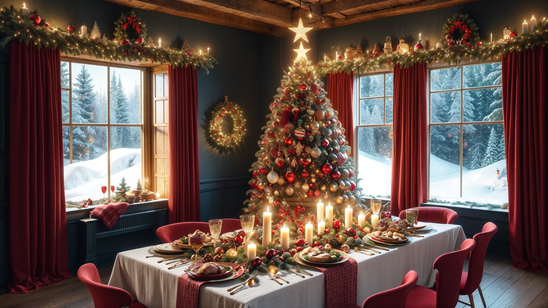 Festivals, In winter, Girls have dinner with Santa Claus, Christmas, Christmas tree, 1Girl, 
Christmas presents, Christmas tea, window overlooking a magical forest, curtains on the window, magic, Christmas background, Mysterious, Mysterious, Christmas Room, A sumptuous feast, 