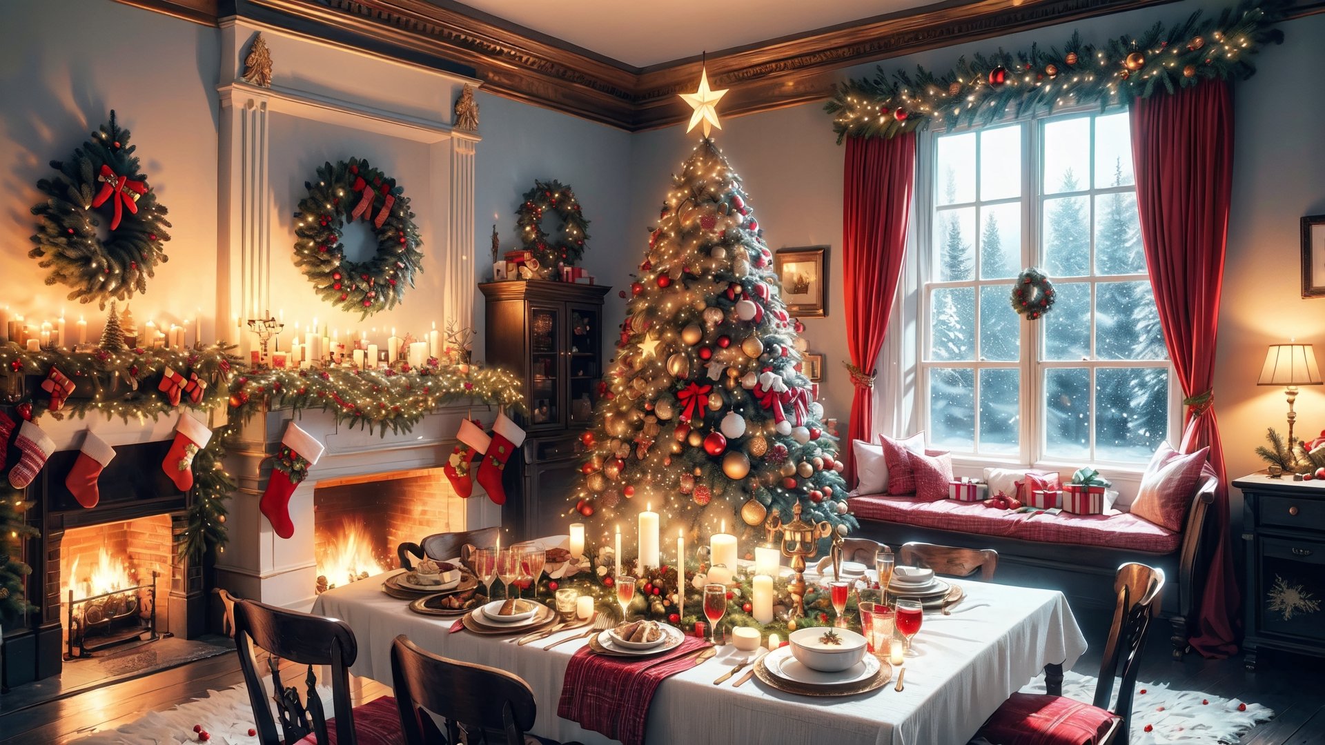 Christmas tea, window overlooking a magical forest, curtains on the window, magic, Christmas background, Mysterious, Mysterious,Christmas Room,Santa Claus