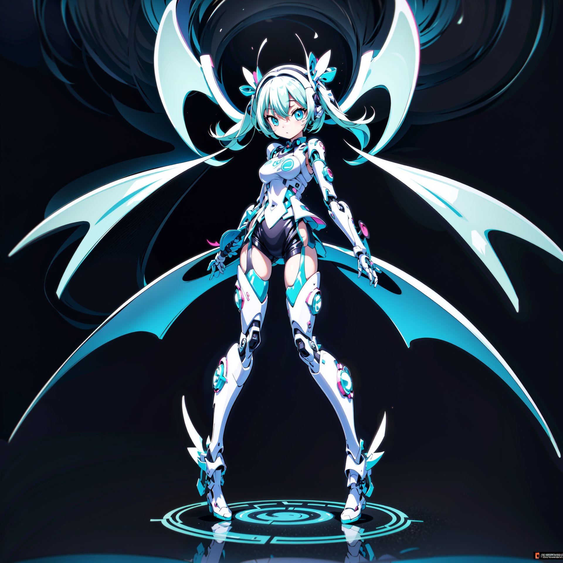 1girl, Q-version, 2-head-tall, full-body, standing front view, symmetrical, cute lolita style, cyberpunk robot, angel wings made of stylus pens from various drawing tablets, blue and white color scheme, tech accessories, vector art, Leonardo Style, center image, cute, chibi, pure black background, (4k, ultra high detail), clean image, clean vector, tshirt design, ornament,3DMM