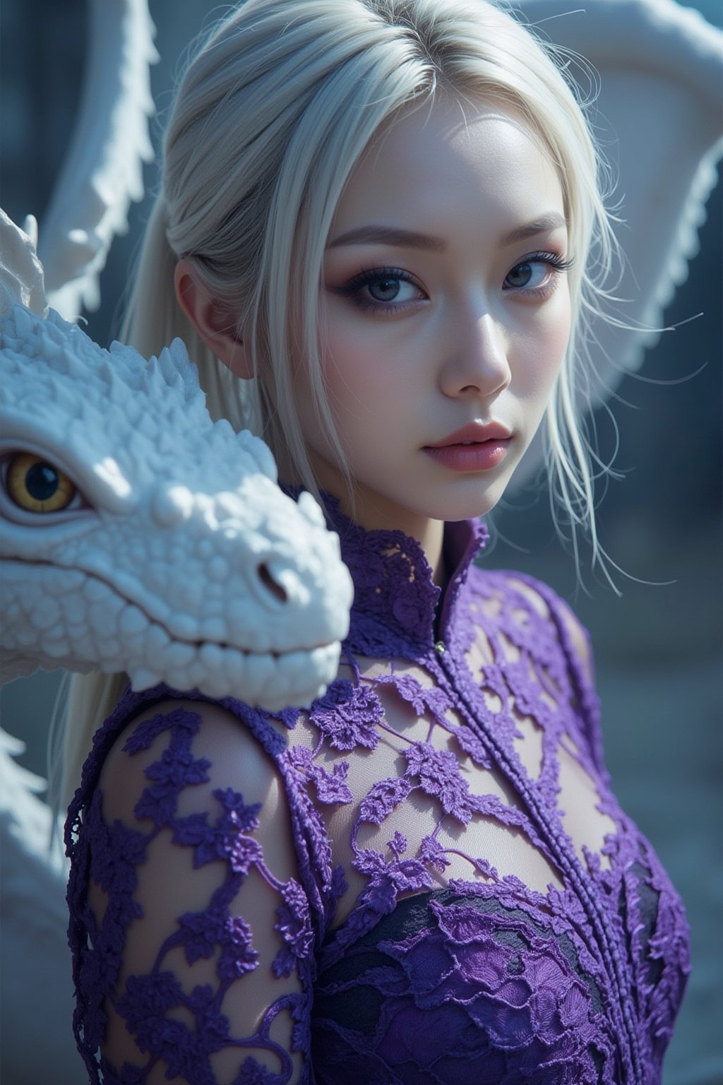 Extreme full body portrait of a woman, piercing eye, wisps of white hair visible, looking at viewer, reflecting the intricate purple lace of her gown and the shimmering scales of a white dragon,Spider spirit Fourth sister