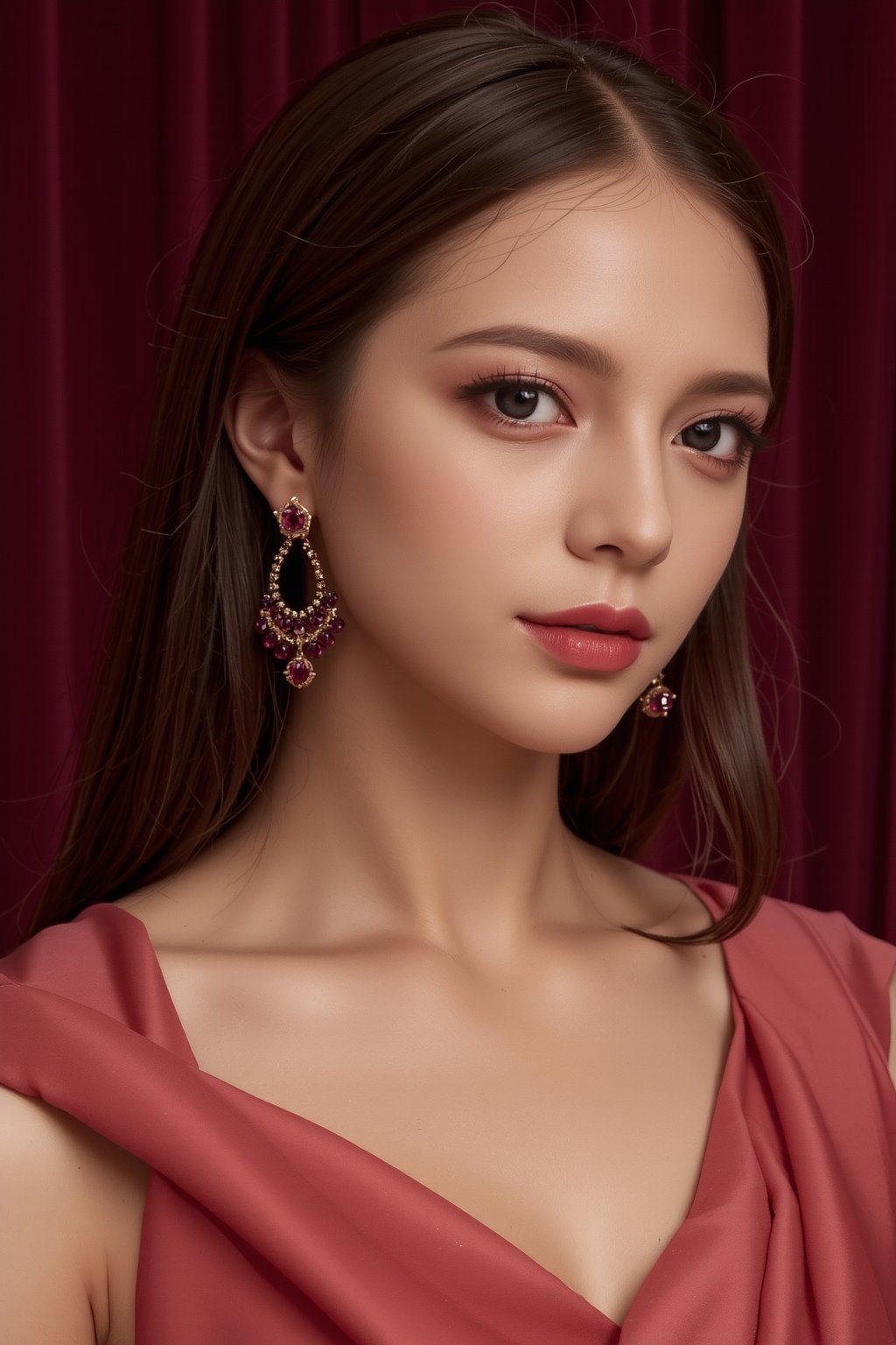 A close-up photo of the model wearing statement ruby earrings, matched with a classic red gown. The deep maroon background contrasts with her soft features and bold, red lips, placing emphasis on one earring, representing opulence and allure.
