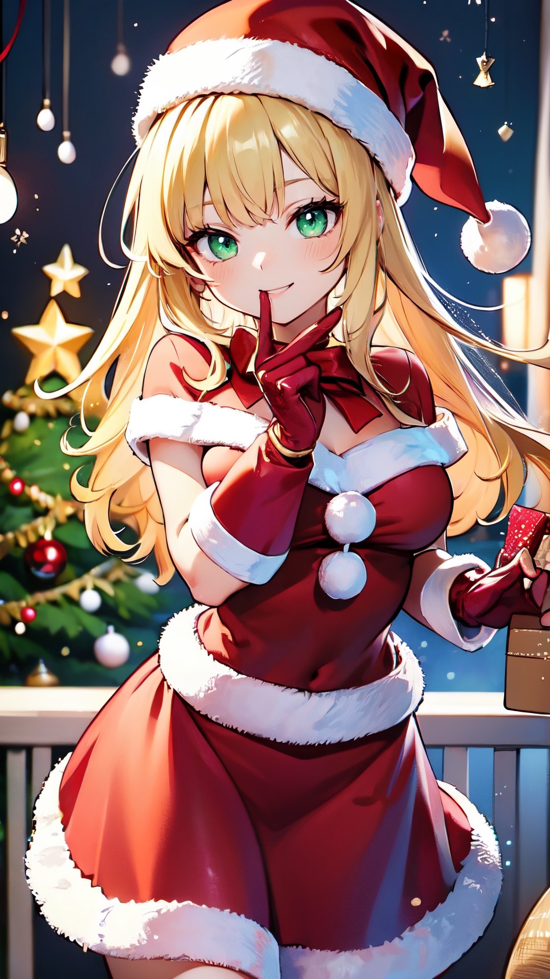 ((masterpiece, best quality, ultra-detailed, very fine 8KCG wallpapers)), 1girl, solo, kawaii, smile, medium breasts, blonde hair, long hair, green eyes, santa, red beret, red bow ribbon, red gloves, red dress, red boots, santa girl costume, christmas, holy night, christmas decorations, christmas night, nice hands, perfect hands,