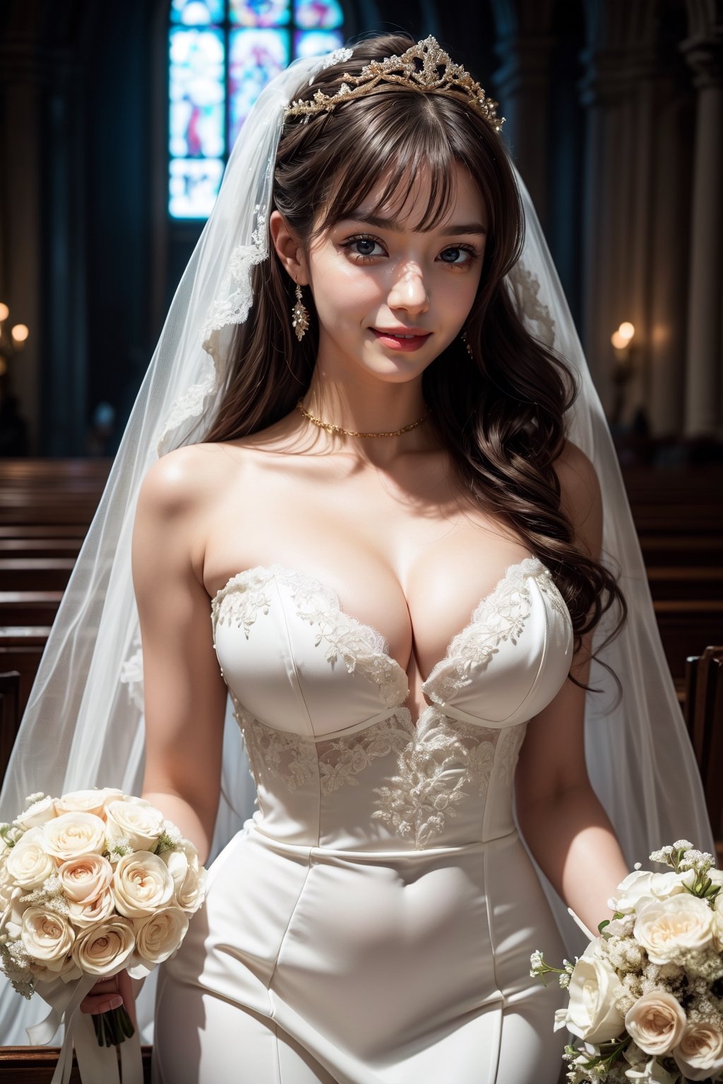 (Masterpiece, top quality, best quality, official art, beauty & aesthetics: 1.2), hdr, high contrast, wide angle lens, 1 girl, solo, long hair, silver hair, bangs, looking at viewer, relaxed expression, pronounced blue eyes, long faded eyebrows, soft makeup, gradient lips, big breasts, hourglass figure, long fingers, belly button, realistic illustration, (soothing tones: 1.3), (super detailed: 1.2), aabelfast, french braid, tiara, bridal veil, earrings, metal collar, gold chain, cleavage, collarbone, bare shoulders, strapless, (sexy lace wedding dress:1.3), white gloves, bridal bouquet, church, standing, cowboy shot, smile, maid headdress