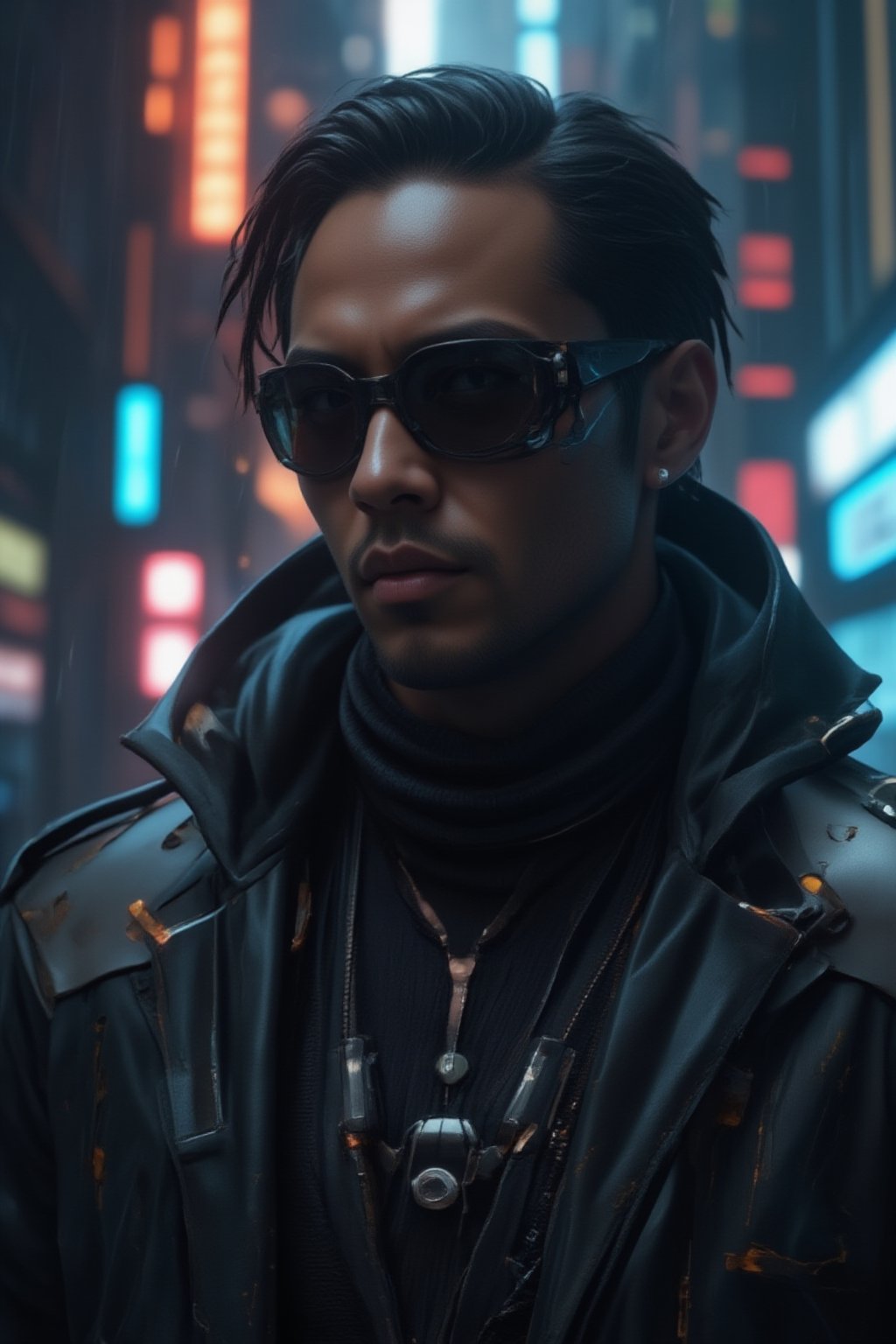 A close-up shot of a man wearing sleek black sunglasses and a long, flowing black leather trench coat, reminiscent of characters from *The Matrix*. His expression is stoic, exuding a sense of mystery and power. The futuristic coat is detailed with subtle metallic accents and cybernetic enhancements visible on his neck and collar. He is also wearing sleek, high-tech headphones that blend seamlessly into the cyberpunk aesthetic, with glowing accents that match the metallic elements of his outfit. The background features a dark, dystopian city with neon lights reflecting off his sunglasses, digital rain falling, and towering skyscrapers in the distance, evoking a cyberpunk atmosphere. The scene is intense and filled with a futuristic, high-tech vibe, focusing on the man's upper body and head, capturing his presence and confidence, FuturEvoLabScene, FuturEvoLabNinja