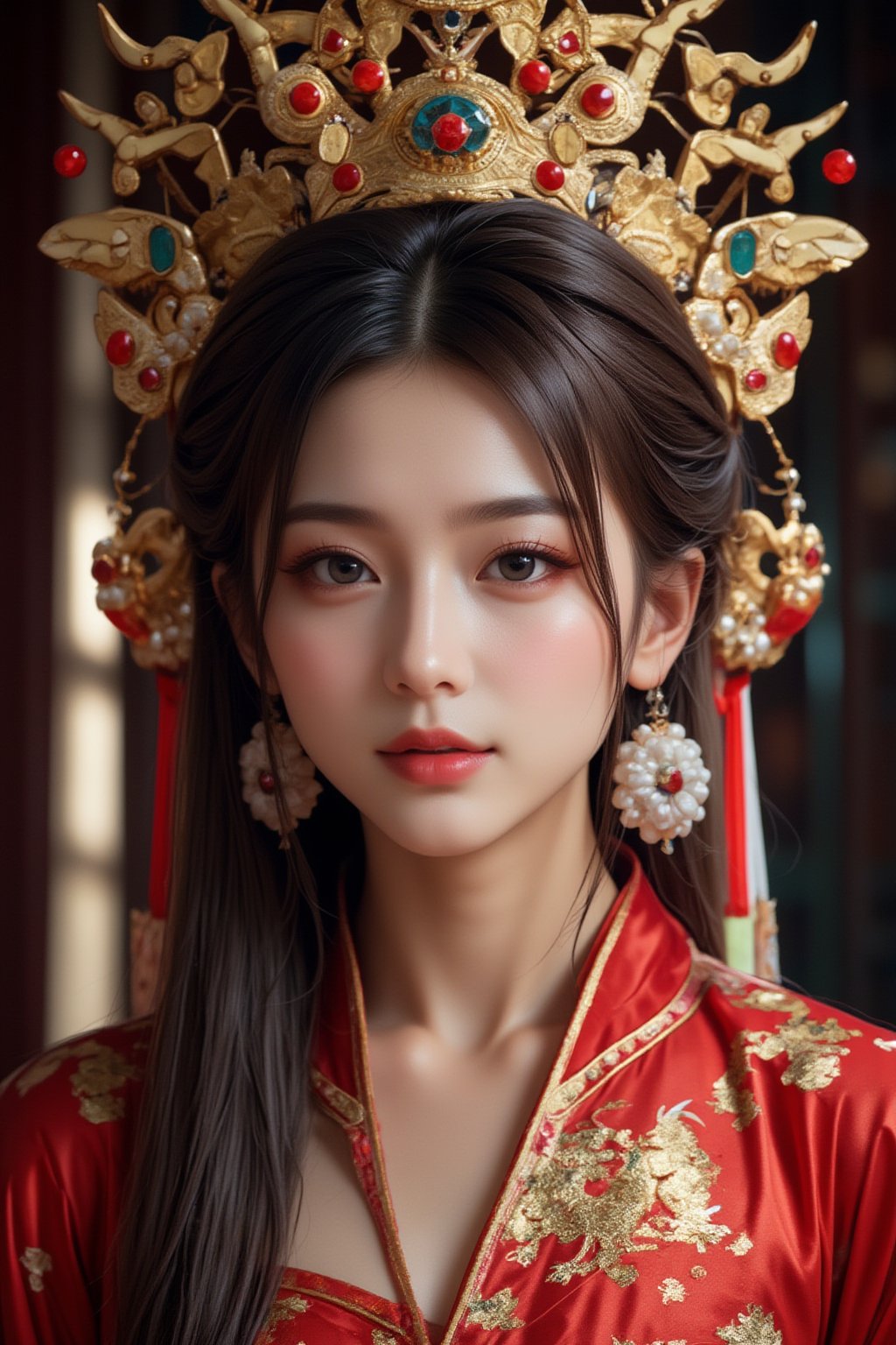 A stunning (korean woman), bangs-hairstyle ,cute-smile,wearing an opulent ancient Chinese empress costume,Her asian features, -brown eyes and fair skin, contrast beautifully with the ornate Chinese attire, Elaborate headdress adorned with gold filigree, jade beads, and hanging pearls, Intricate phoenix crown with delicate golden leaves and gemstones,Layered silk robes in rich red and gold, embroidered with dragons and auspicious symbols, Wide, flowing sleeves with detailed embroidery, Ornate collar piece studded with precious stones,Long blonde hair partially visible beneath the headdress,Beautiful woman,Photorealistic,Fantasy detailers 