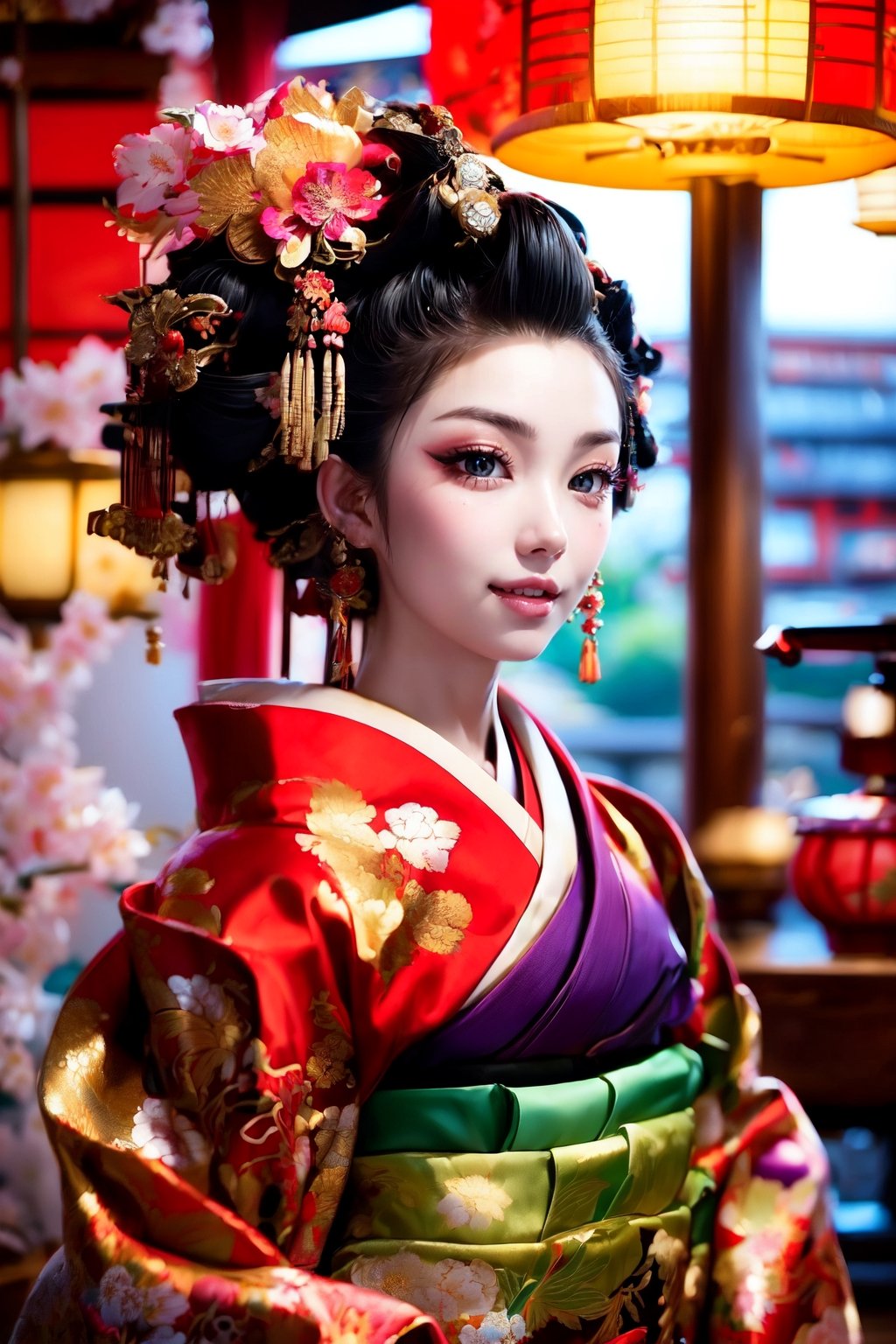 vibrant, detailed, high-resolution, artistic, 
Oiran, Japanese courtesan, Gorgeous kimono,
Red and yellow kimonos, elaborate hairstyle, elegant posture, subtle makeup, refined gestures, 
historical Japanese setting, Edo period, teahouse interior, traditional Japanese garden, cherry blossoms, Japanese lanterns, wooden architecture, by FuturEvoLab, 
cultural, historical, serene, colorful, ornate accessories, Phoenix pattern, floral patterns, silk fabrics, cultural heritage, 