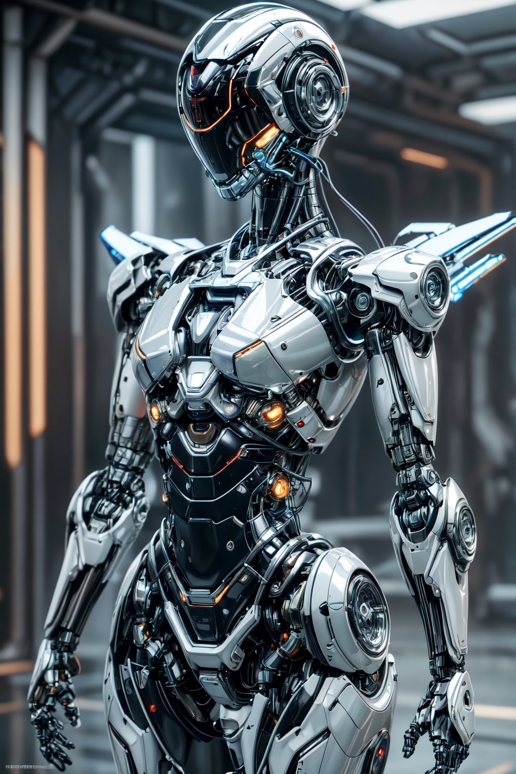 ((high resolution)), ((8K)), ((incredibly absurdres)), break. (super detailed metallic skin), (an extremely delicate and beautiful:1.3), break, ((1robot:1.5)), ((slender body)), (medium breasts), (beautiful hand), ((metallic body:1.3)), ((cyber helmet with full-face mask:1.4)), break. ((no hair:1.3)) , (blue glowing lines on one's body:1.2), break. ((intricate internal structure)), ((brighten parts:1.5)), break. ((robotic face:1.2)), (robotic arms), (robotic legs), (robotic hands), ((robotic joint:1.2)), (Cinematic angle), (ultra-fine quality), (masterpiece), (best quality), (incredibly absurdres), (highly detailed), high res, high detail eyes, high detail background, sharp focus, (photon mapping, radiosity, physically-based rendering, automatic white balance), masterpiece, best quality, ((Mecha body)), furure_urban, incredibly absurdres, science fiction, Fire Angel Mecha