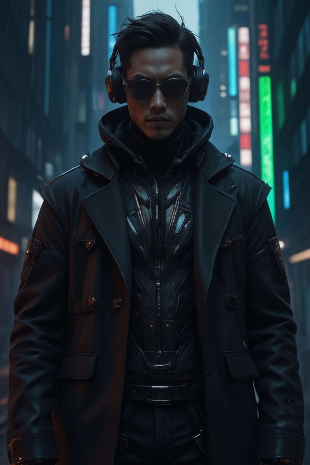 A close-up shot of a man wearing sleek black sunglasses and a long, flowing black leather trench coat, reminiscent of characters from *The Matrix*. His expression is stoic, exuding a sense of mystery and power. The futuristic coat is detailed with subtle metallic accents and cybernetic enhancements visible on his neck and collar. He is also wearing sleek, high-tech headphones that blend seamlessly into the cyberpunk aesthetic, with glowing accents that match the metallic elements of his outfit. The background features a dark, dystopian city with neon lights reflecting off his sunglasses, digital rain falling, and towering skyscrapers in the distance, evoking a cyberpunk atmosphere. The scene is intense and filled with a futuristic, high-tech vibe, focusing on the man's upper body and head, capturing his presence and confidence, FuturEvoLabScene, FuturEvoLabNinja