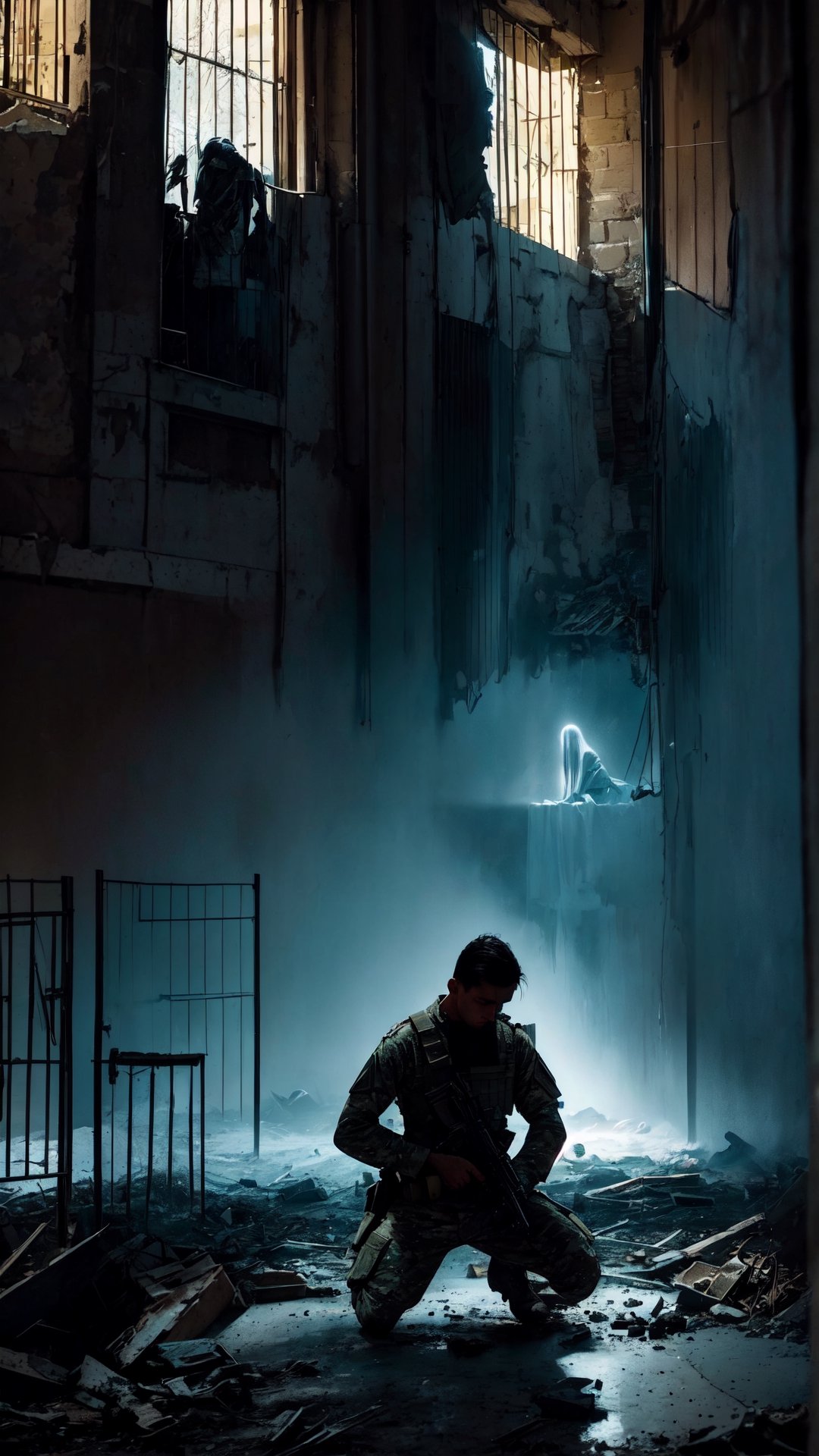 "A sorrowful modern soldier kneels, tears streaming, amidst a vast gathering of ethereal apparitions, embodying the souls of fallen individuals in a war-torn city. This hauntingly beautiful scene, reminiscent of a masterful painting, captures the soldier's anguish with intense emotion. Meticulously depicted, each ghostly figures radiates a soft glow amidst the city's ruins, creating a surreal tableau. The artist's skillful brushwork and meticulous attention to detail elevate this stunning artwork, evoking profound emotions in the viewer."
,photo r3al,r4w photo,Prison,Jail