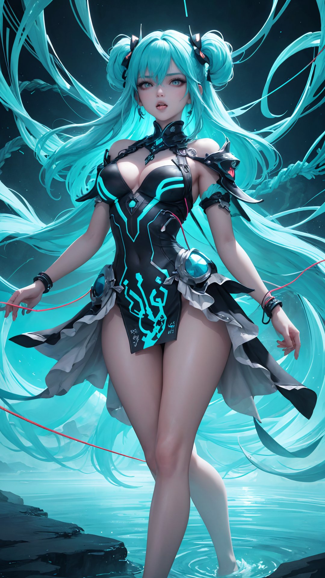 (masterpiece, best quality, fantasy, absurdres, concept art, 2.5D style), medium shot, womans hair is made from thin multicolored neon tendrils:1.5), (long thin multicolored neon string hair is flowing down her body), her hair made of thin multicolored neon tendrils is conforming to and covering her body forming a dress, neon fibers:1, cables of neon strings, cables and tech, intricate and detailed tech gear, chaos, mind blowing, beautiful detailed glow, neon tendrils, flowing, multicolored neon strings swirling around the character:1.47, intricate:1.2, detailed light:1.2, dim lit, muted color, teal and blue, hi-contrast, mid-saturation, high-res CG, dynamic angle