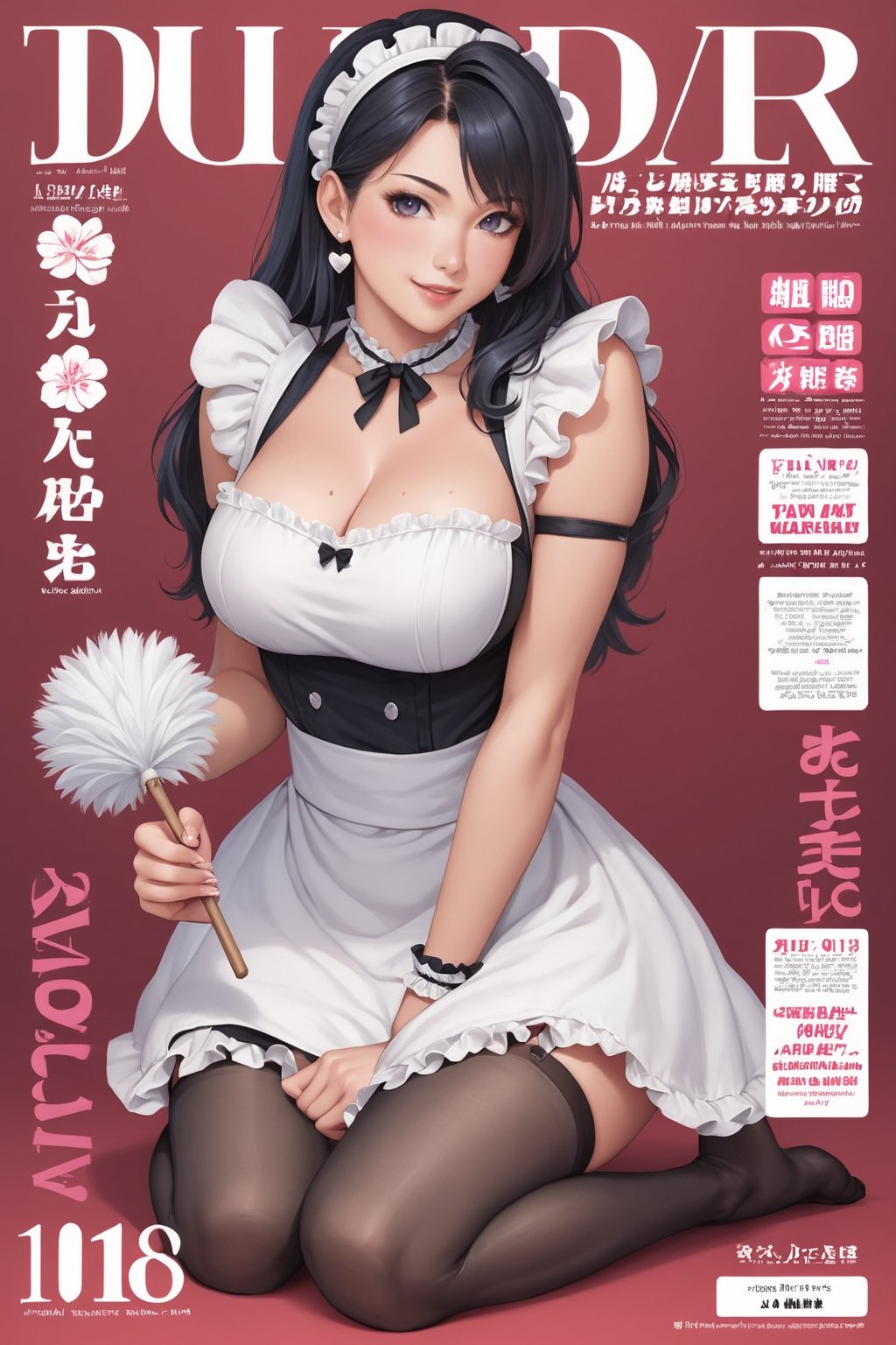 score_9, score_8_up, score_7_up,  1girl, maid, black hair, long hair, seducing viewer, feather duster, heart, curvy, maid headband, looking at the viewer, female focus, fishnets, posing, flowers, kneeling, red theme, from behind, magazine cover, ,Maid uniform