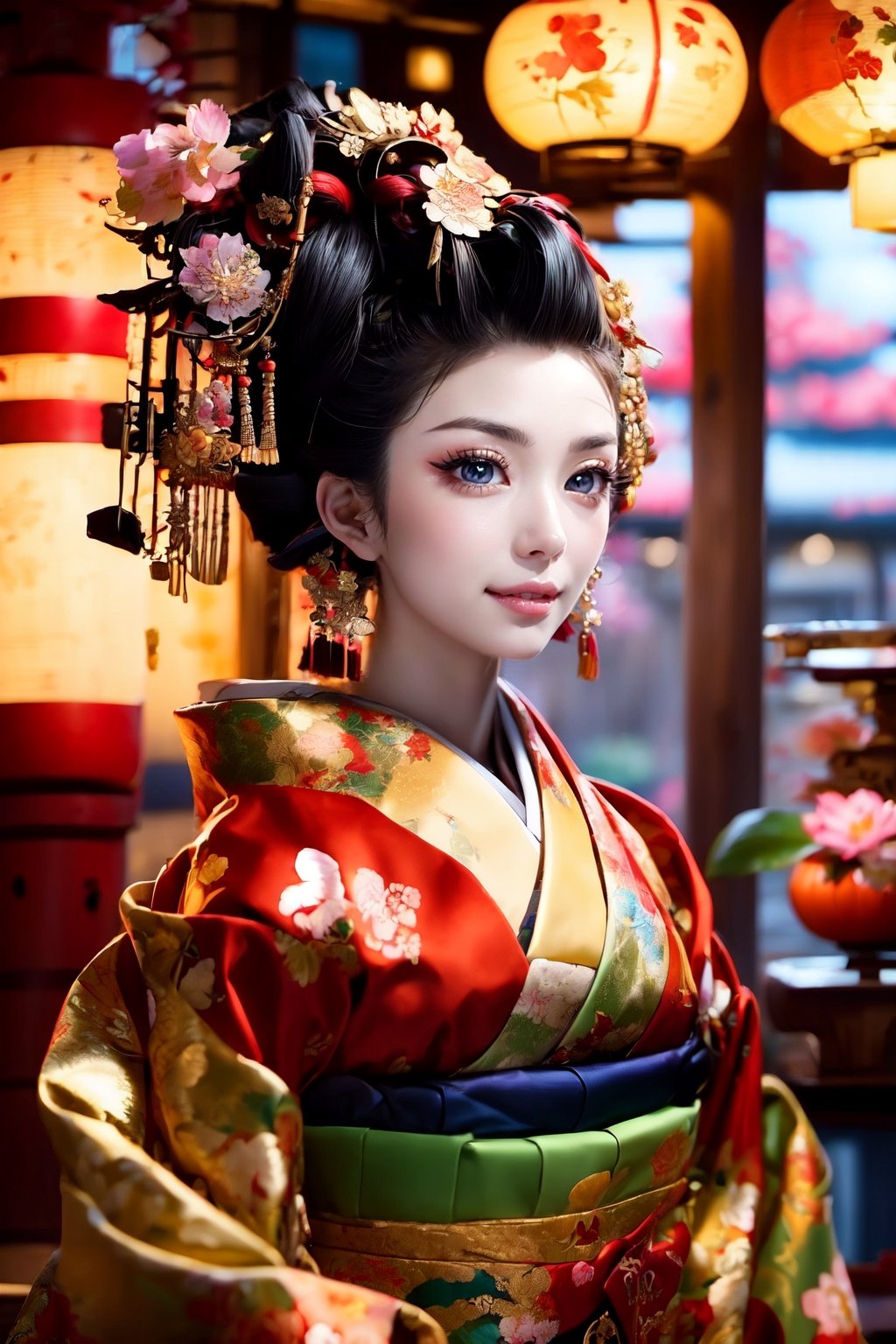 vibrant, detailed, high-resolution, artistic, 
Oiran, Japanese courtesan, Gorgeous kimono,
Red and yellow kimonos, elaborate hairstyle, elegant posture, subtle makeup, refined gestures, 
historical Japanese setting, Edo period, teahouse interior, traditional Japanese garden, cherry blossoms, Japanese lanterns, wooden architecture, by FuturEvoLab, 
cultural, historical, serene, colorful, ornate accessories, Phoenix pattern, floral patterns, silk fabrics, cultural heritage, 