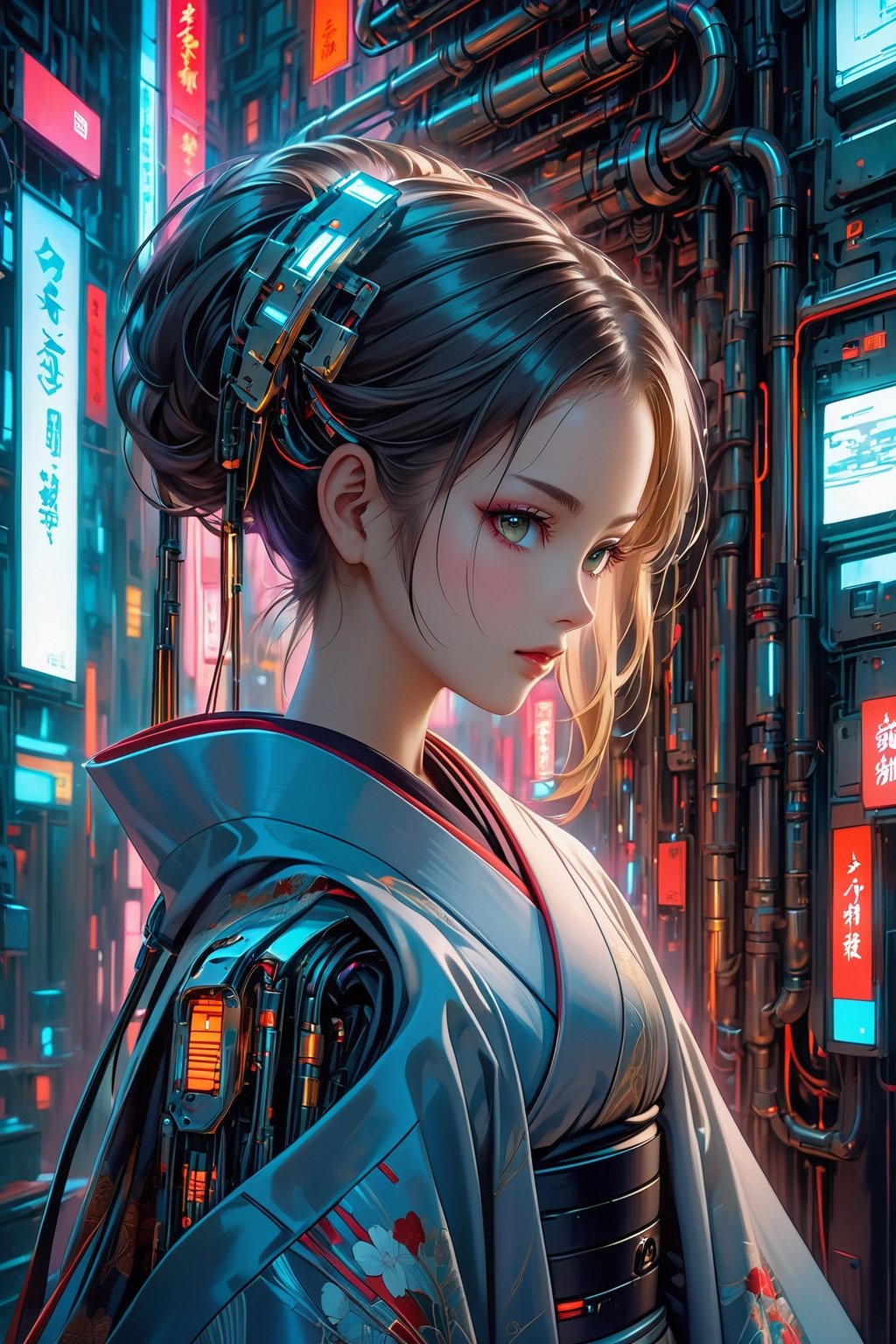 In a cyberpunk fusion with traditional Japanese culture, a young Japanese girl dons a sleek kimono contrasted by a futuristic mechanical arm and intricate piping. The image, likely a digital painting, showcases a blend of old and new elements with a unique twist. The vibrant scene exudes a sense of technological elegance, with neon lights illuminating the girl's stoic expression and the intricate details of her cybernetic enhancements. The high-resolution image captures every intricate detail, from the delicate embroidery on the kimono to the seamless integration of the mechanical arm into the girl's silhouette, creating a visually stunning and thought piece of art.