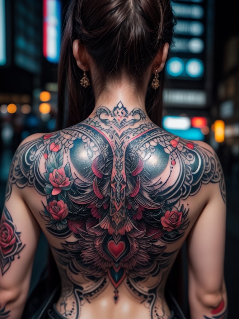 (masterpiece, high quality:1.5), (8K, HDR), 
1girl, solo,  Tattoo, Tattoo Design, upper body, Close-up of back, tattoo on back, (FuturEvoLabTattoo:1.5), Cyberpunk girl tattoo, FuturEvoLabFlame, 