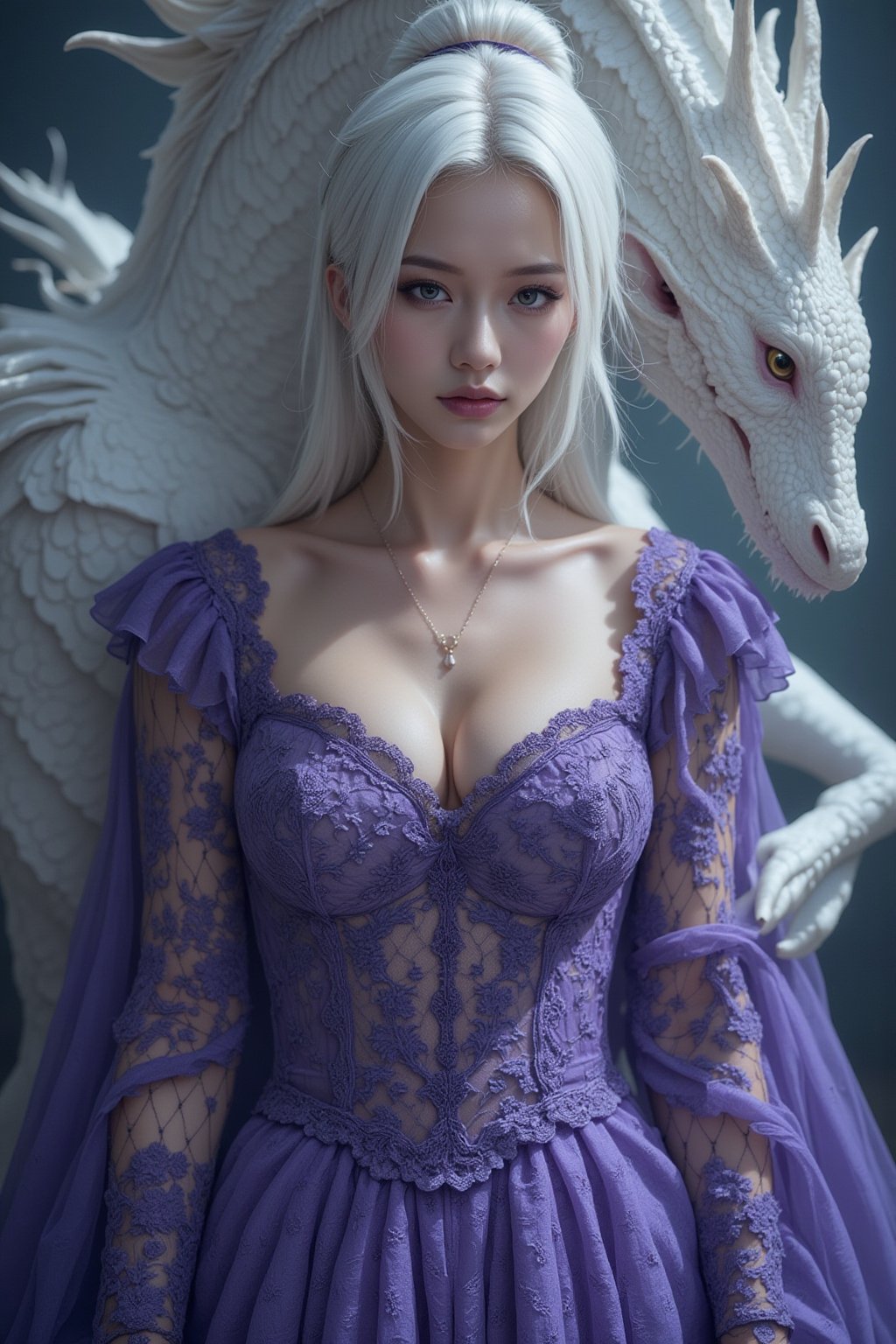 Extreme full body portrait of a woman, piercing eye, wisps of white hair visible, looking at viewer, reflecting the intricate purple lace of her gown and the shimmering scales of a white dragon,Spider spirit Fourth sister