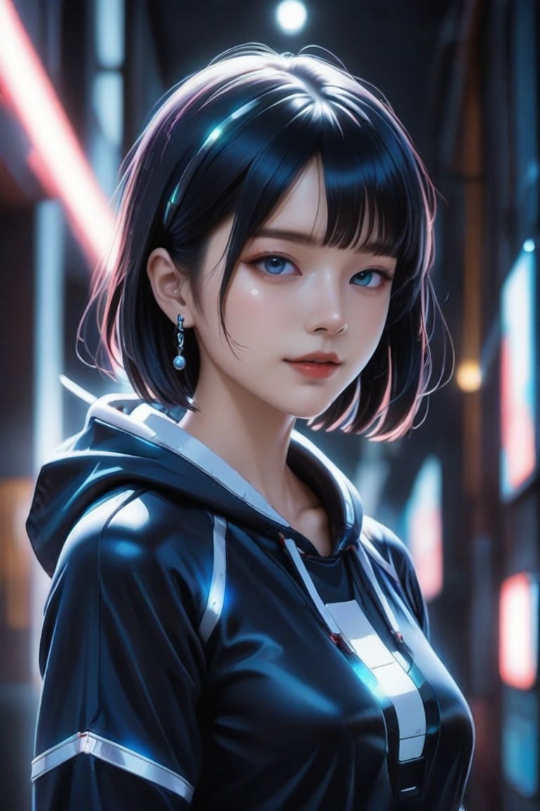 (masterpiece, best quality:1.3), FuturEvoLabAnime, 1girl, solo, looking at viewer, short hair, bangs, blue eyes, black hair, jewelry, jacket, upper body, earrings, outdoors, parted lips, hood, blurry, from side, black jacket, looking to the side, hoodie, night, depth of field, blurry background, bob cut, hood down, neon lights, 