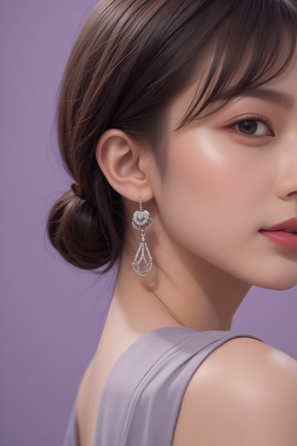 A close-up shot of the model wearing silver earrings, paired with an elegant gray dress. Set against a muted lavender background, her soft makeup enhances her striking features, while the focus is on one earring, exuding luxury in a subtle, chic style.
