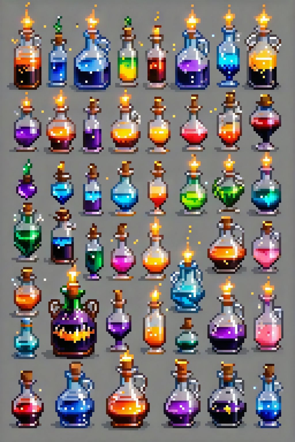 Array of magical world style potion bottles in pixel art, Each item is an independent pixelated entity with high-tech magic stoppers, Arranged in 2D pixel game prop style, No overlapping, Solid gray-black background for easy clipping, High quality, Detailed, Pixelated, Each potion bottle features a unique pixel design with Western fantasy aesthetics