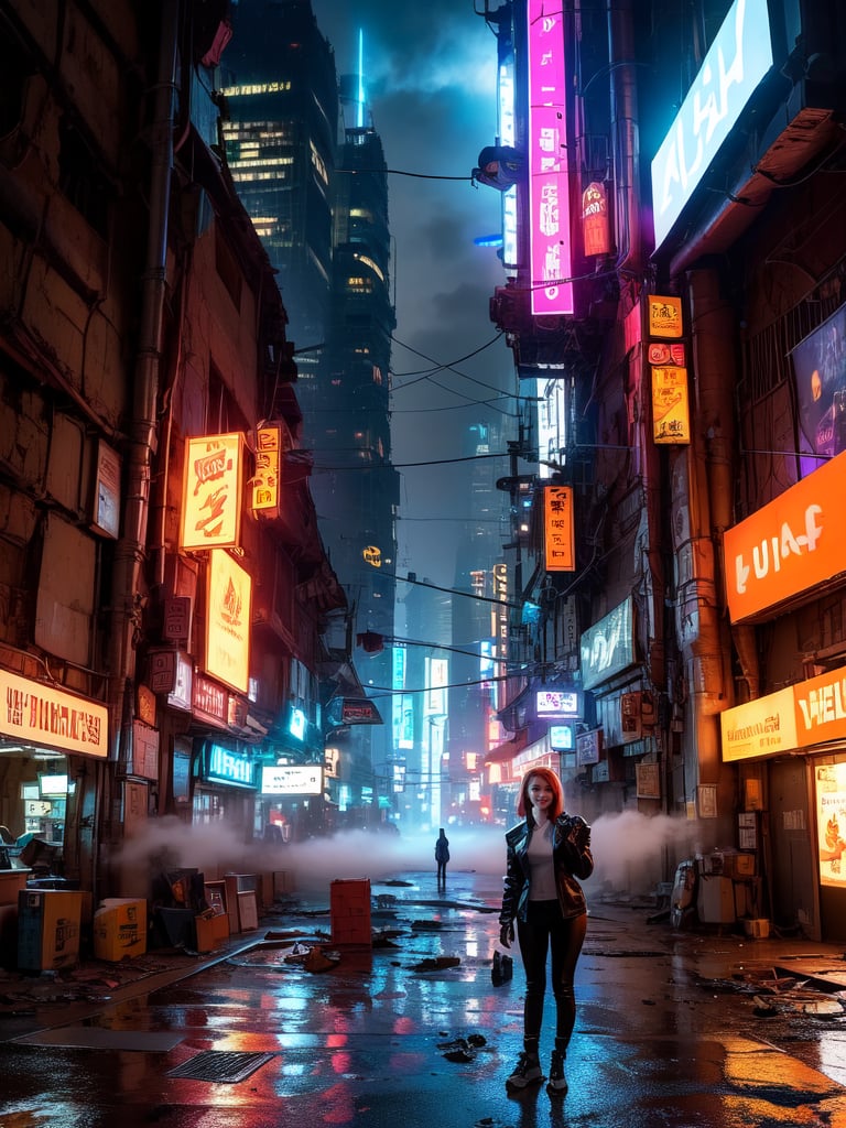 (masterpiece, high quality:1.5), (8K, HDR, ultra-detailed), 
cyberpunk girl, futuristic girl, 
digital art piece, against a misty post-apocalyptic cityscape, a humanoid robot stands tall, its orange head and large black eyes surveying the desolate surroundings, wearing a black leather jacket, raises its right hand near its head, urban street lined with neon signs and advertisements, futuristic glow amidst ruins, abandoned vehicles, dilapidated buildings, fog swirls around the robot, shrouding in mystery, dystopian landscape, dystopian cyberpunk, photorealistic
, FuturEvoLabCyberpunk, FuturEvoLabGirl, 
