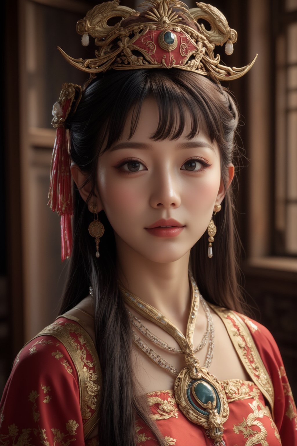 A stunning (korean woman), bangs-hairstyle ,cute-smile,wearing an opulent ancient Chinese empress costume,Her asian features, -brown eyes and fair skin, contrast beautifully with the ornate Chinese attire, Elaborate headdress adorned with gold filigree, jade beads, and hanging pearls, Intricate phoenix crown with delicate golden leaves and gemstones,Layered silk robes in rich red and gold, embroidered with dragons and auspicious symbols, Wide, flowing sleeves with detailed embroidery, Ornate collar piece studded with precious stones,Long blonde hair partially visible beneath the headdress,Beautiful woman,Photorealistic,Fantasy detailers 