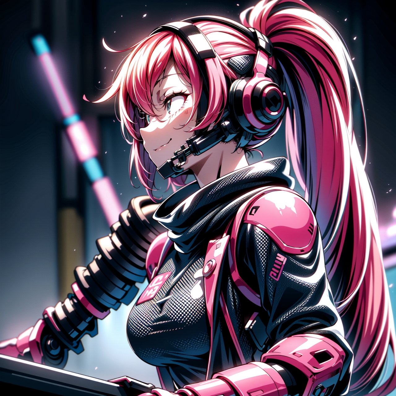 Female Ninja,Black mask,Close-up, Pink horsetail, sweet smile, lovely,working on laptop,cyberpunk style,headphones,listening to music,lofi background,keyboard,mouse,LED lights,(best quality,4k,8k,highres,masterpiece:1.2),ultra-detailed,(realistic,photorealistic:1.37),mecha,urban techwear,outfit,3DMM