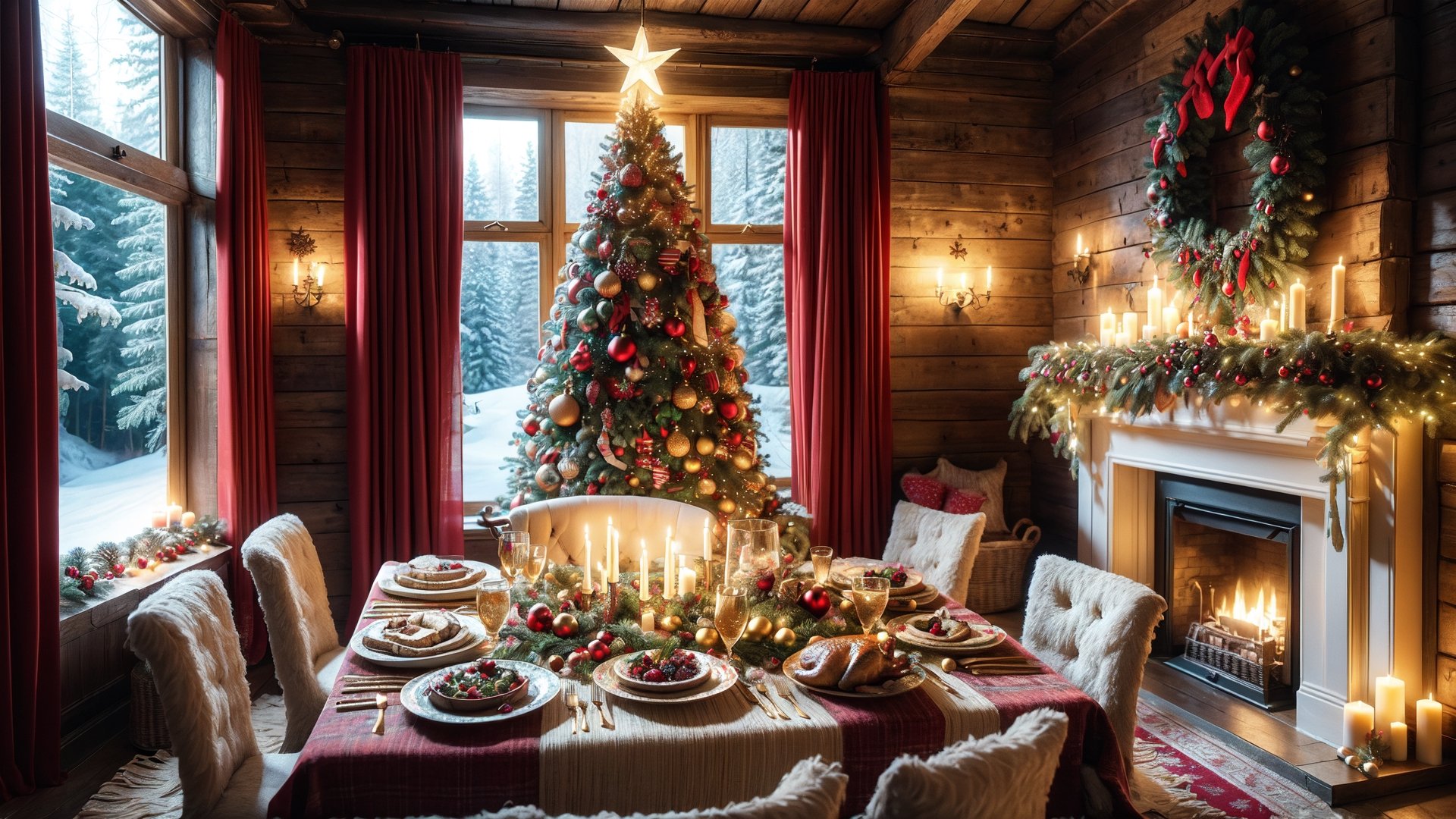 Festivals, In winter, Girls have dinner with Santa Claus, Christmas, Christmas tree, 
Christmas presents, Christmas tea, window overlooking a magical forest, curtains on the window, magic, Christmas background, Mysterious, Mysterious, Christmas Room, A sumptuous feast, 