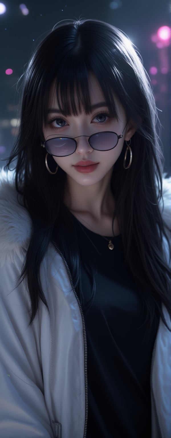 1girl, solo, long hair, looking at viewer, very badass girl, bangs, blue eyes, black hair, jewelry, jacket, upper body, sidelocks, earrings, parted lips, fur trim, black shirt, sunglasses, white jacket, zipper, looking over eyewear, ((masterpiece: 1.2)), light particles, stunning image, attractive image, digital art, professional style, 