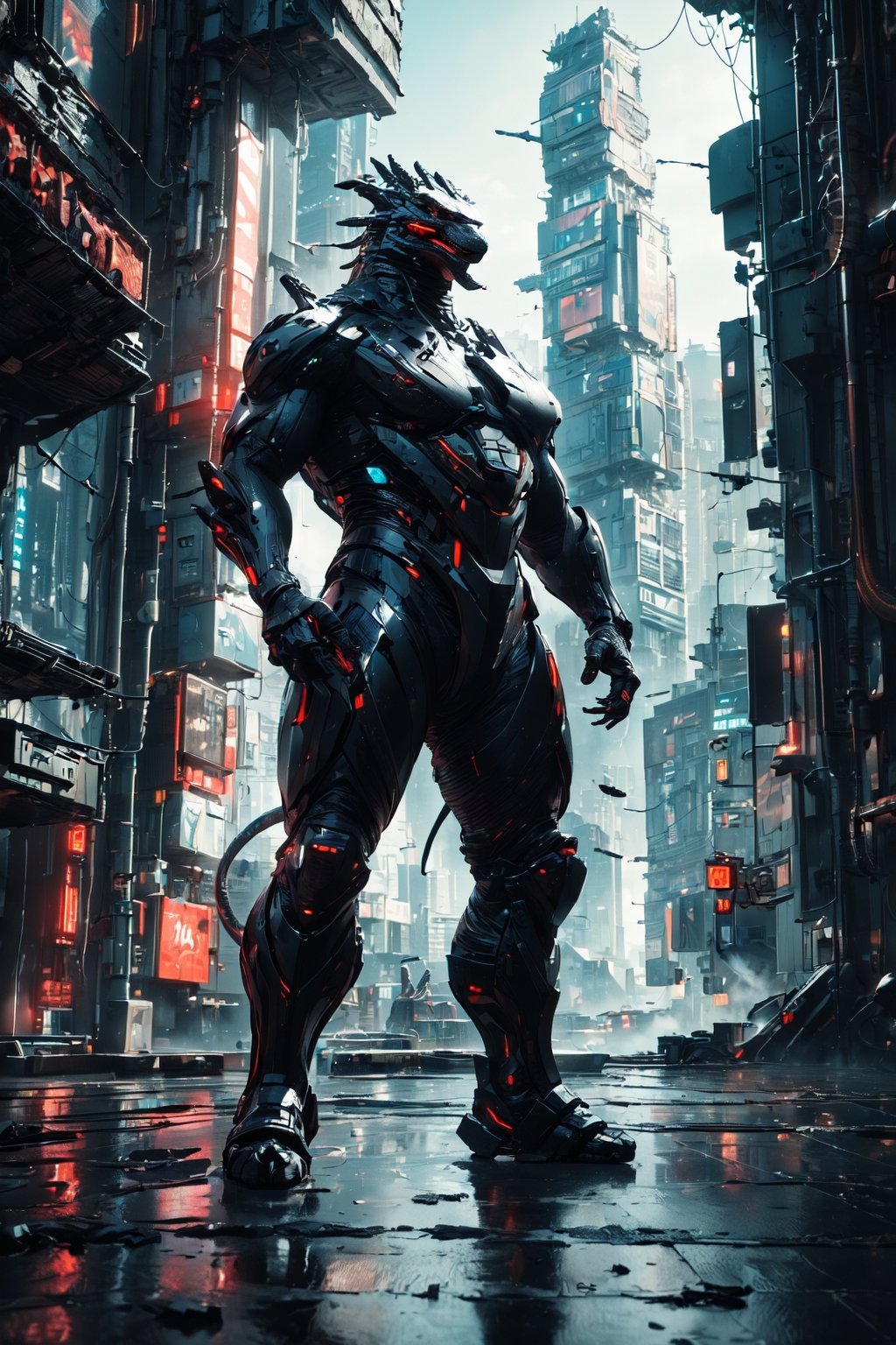 (Masterpiece:1.5), (Best quality:1.5), Cyberpunk style, full body, Godzilla, huge tail, facing the viewer, Godzilla tail, roar, laser, daytime, Doton, Cyberpunk