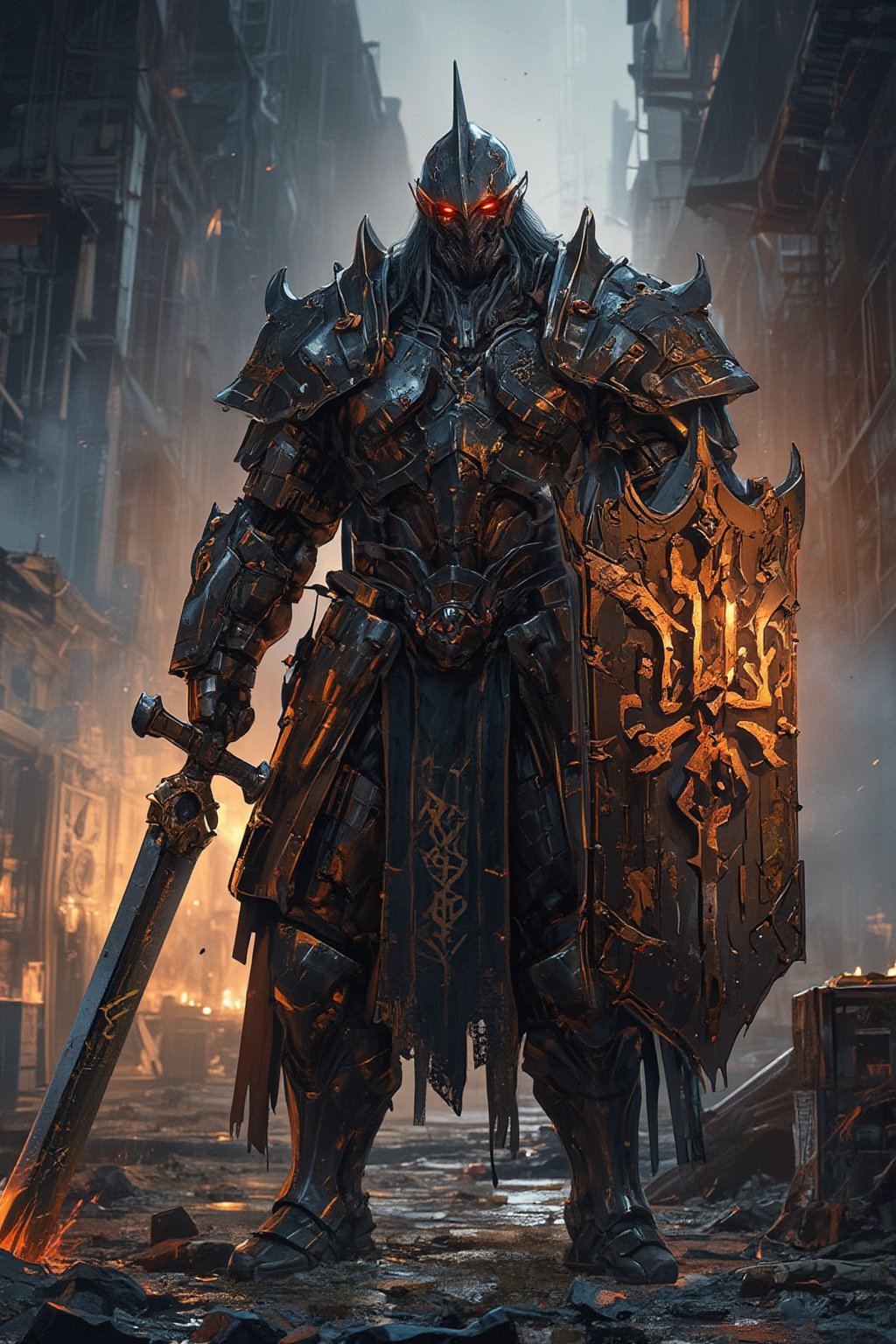 dark fantasy artwork,1man,full armored Viking warrior, standing amidst a desolate battlefield, shrouded in mist and shadow, Clad in intricate armor adorned with ominous runes and battle scars, the Viking exudes an aura of ferocity and resilience, Gripping a massive great Sword in one hand and a shield emblazoned with intimidating sigils in the other, he gazes ahead with grim determination,LegendDarkFantasy,glowing sword,ink style,FuturEvoLabMecha,FuturEvoLabNinja