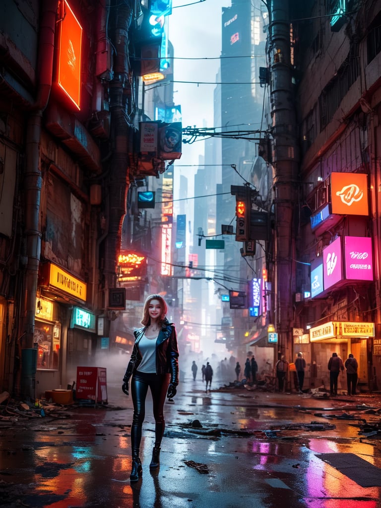 (masterpiece, high quality:1.5), (8K, HDR, ultra-detailed), 
cyberpunk girl, futuristic girl, 
1girl, solo, digital art piece, against a misty post-apocalyptic cityscape, a humanoid robot stands tall, its orange head and large black eyes surveying the desolate surroundings, wearing a black leather jacket, raises its right hand near its head, urban street lined with neon signs and advertisements, futuristic glow amidst ruins, abandoned vehicles, dilapidated buildings, fog swirls around the robot, shrouding in mystery, dystopian landscape, dystopian cyberpunk, photorealistic
, FuturEvoLabCyberpunk, FuturEvoLabGirl, 
