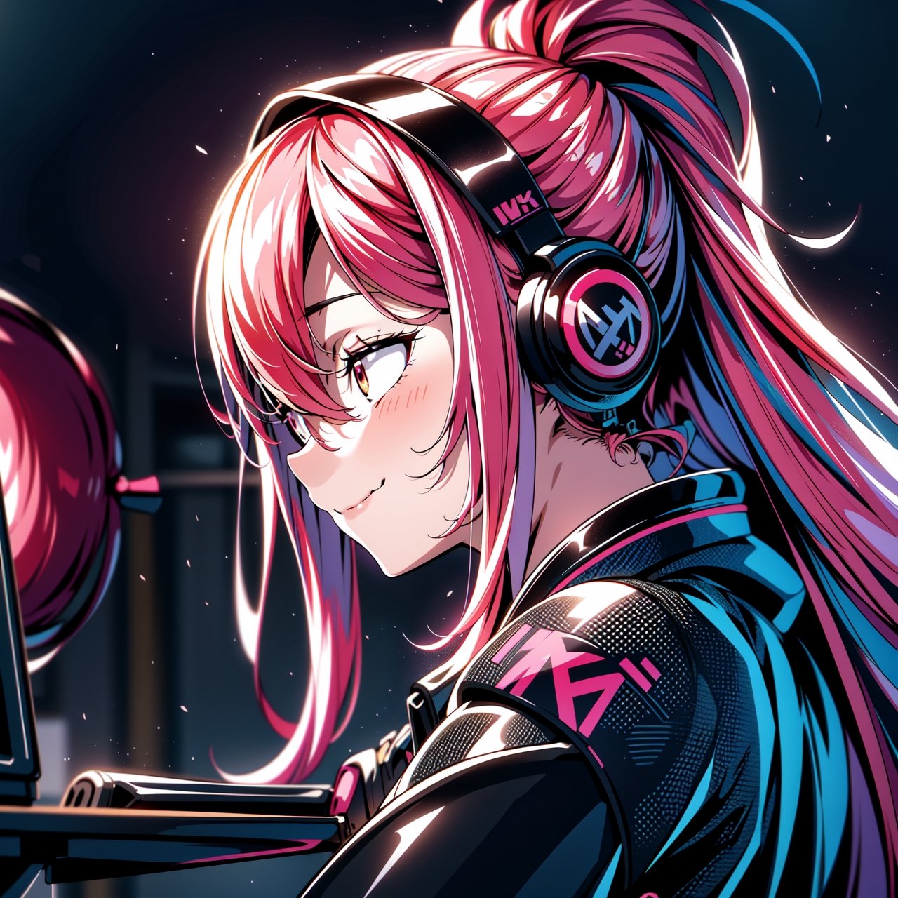 Female Ninja,Black mask,Close-up, Pink horsetail, sweet smile, lovely,working on laptop,cyberpunk style,headphones,listening to music,lofi background,keyboard,mouse,LED lights,(best quality,4k,8k,highres,masterpiece:1.2),ultra-detailed,(realistic,photorealistic:1.37),mecha,urban techwear,outfit,3DMM