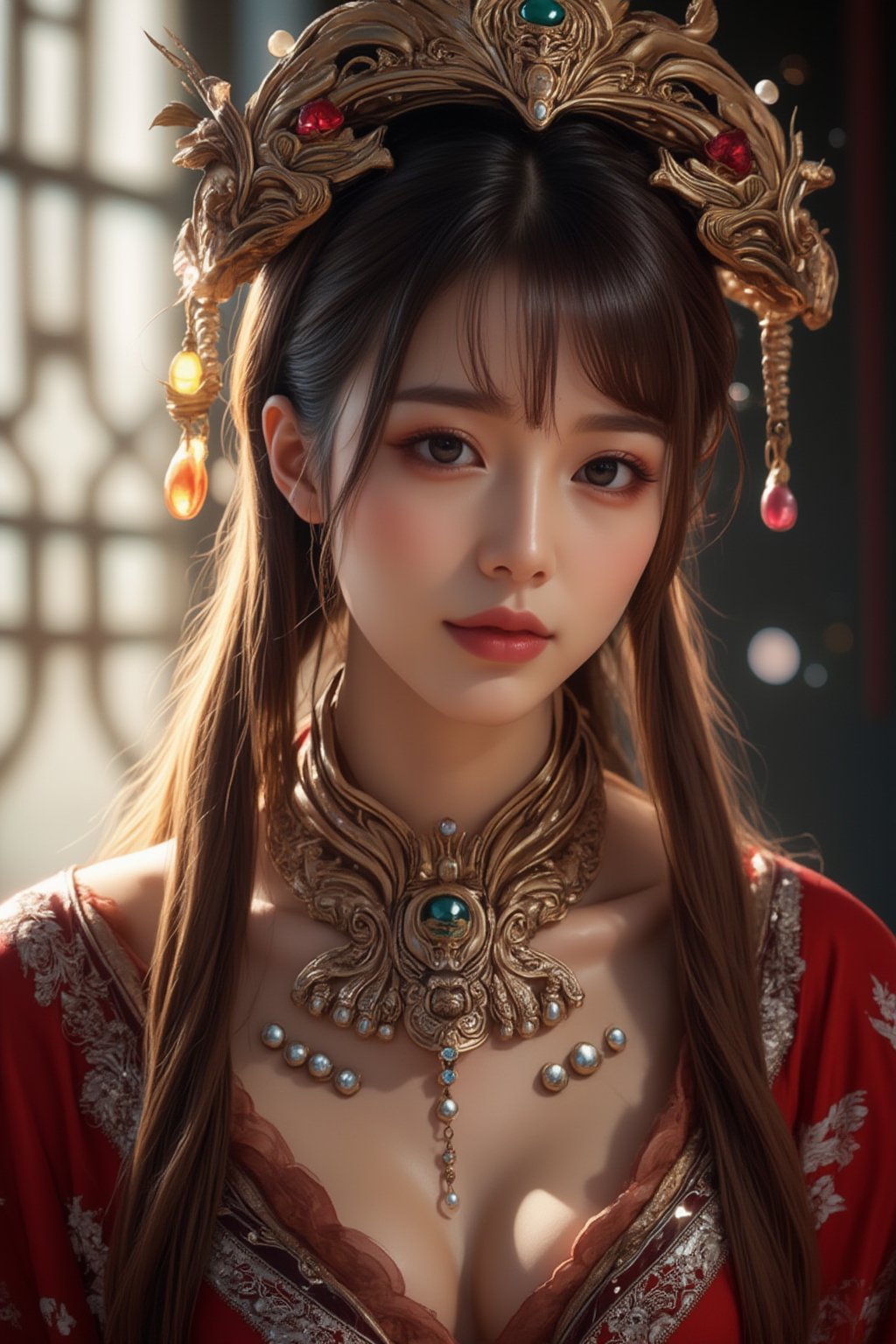 A stunning (korean woman), bangs-hairstyle ,cute-smile,wearing an opulent ancient Chinese empress costume,Her asian features, -brown eyes and fair skin, contrast beautifully with the ornate Chinese attire, Elaborate headdress adorned with gold filigree, jade beads, and hanging pearls, Intricate phoenix crown with delicate golden leaves and gemstones,Layered silk robes in rich red and gold, embroidered with dragons and auspicious symbols, Wide, flowing sleeves with detailed embroidery, Ornate collar piece studded with precious stones,Long blonde hair partially visible beneath the headdress,Beautiful woman,Photorealistic,Fantasy detailers 