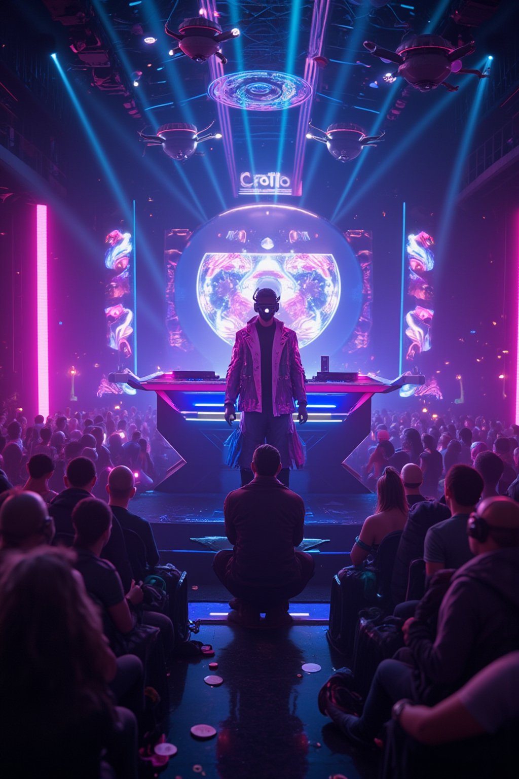 A massive, futuristic DJ music concert unfolds in a high-tech, neon-lit arena. In the center of the stage stands a super cool, futuristic DJ in sleek, cyberpunk-inspired attire. His outfit glows with neon accents, and he wears advanced augmented reality glasses that pulse with the rhythm of the music. The DJ's booth is an impressive fusion of holographic displays and floating control panels, giving him the power to manipulate the soundwaves with gestures and touch. His deck is surrounded by spinning, glowing discs that float and pulse with each beat, creating a visual symphony in sync with the music.

Surrounding the DJ, massive screens display vibrant, ever-changing digital visuals that shift with the tempo—neon colors, fractals, and futuristic cityscapes. The crowd is bathed in light, dancing under beams of holographic lasers that sweep across the sky in perfect synchronization with the beats. Above the stage, drones fly in formation, projecting 3D holograms of abstract shapes and patterns into the air, adding another layer of immersion to the experience. The energy is electric, as the bass shakes the ground and the vibrant lights create a kaleidoscopic atmosphere. 

The DJ stands at the heart of it all, effortlessly commanding the music and visuals, creating a multisensory experience that feels like stepping into the future.,FuturEvoLabNinja