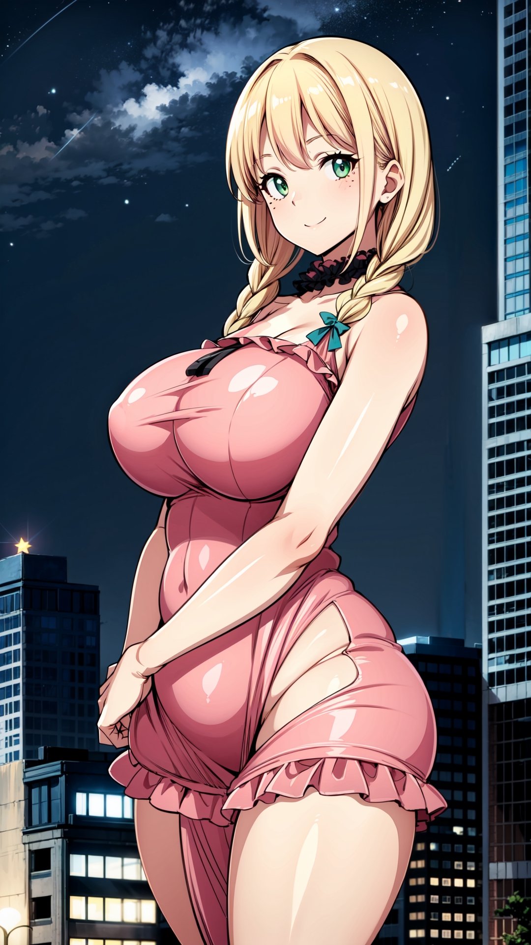 ((masterpiece)), ((pink frilled dress)), (blonde hair), green eyes, twin braids, medium breasts, huge hips, (looking at viewer), silhouette,1 busty cute face light smile girl, pale skin, beauty_mark, mole, star (sky), cloud, cityscape, building, city, outdoors, skyscraper, city lights, night, night sky, sunset, skyline,