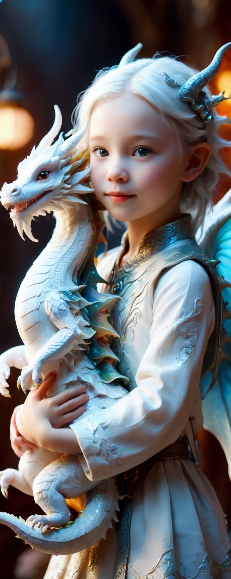 Full body portrait of an adorable little white dragon girl, humanoid features with subtle dragon-like aspects, gentle and charming, clutching a tiny dragon plushie, fanciful and imaginative clothing, warm and welcoming expression, by FuturEvoLab, (masterpiece: 2), best quality, ultra highres, original, extremely detailed, perfect soft lighting, captivating and lovable character
