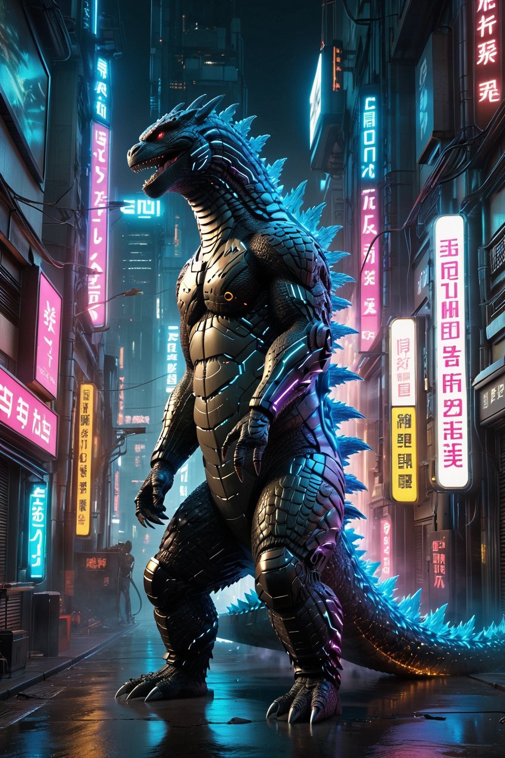 score_9, score_8_up, score_7_up, score_6_up, score_5_up, score_4_up, 
Godzilla, full body, Cyberpunk style, facing the viewer, Godzilla tail, roar, laser, daytime.,Doton,Cyberpunk