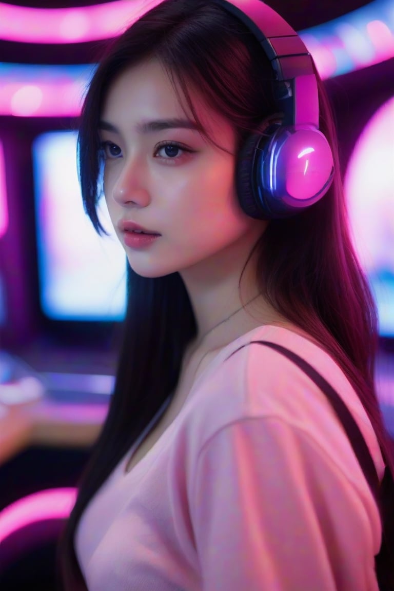 masterpiece, best quality, photorealistic, 1girl, solo, long straight hair, deep black hair, looking at viewer, upper body, VR Room Background, minimal background, neon pink lighting, soft shadows, focused expression, detailed skin, smooth features, modern setup, classic portrait style, high clarity, simple background, cinematic lighting, wearing a futuristic gamer outfit with holographic displays and over-ear headphones, tech-savvy and immersive