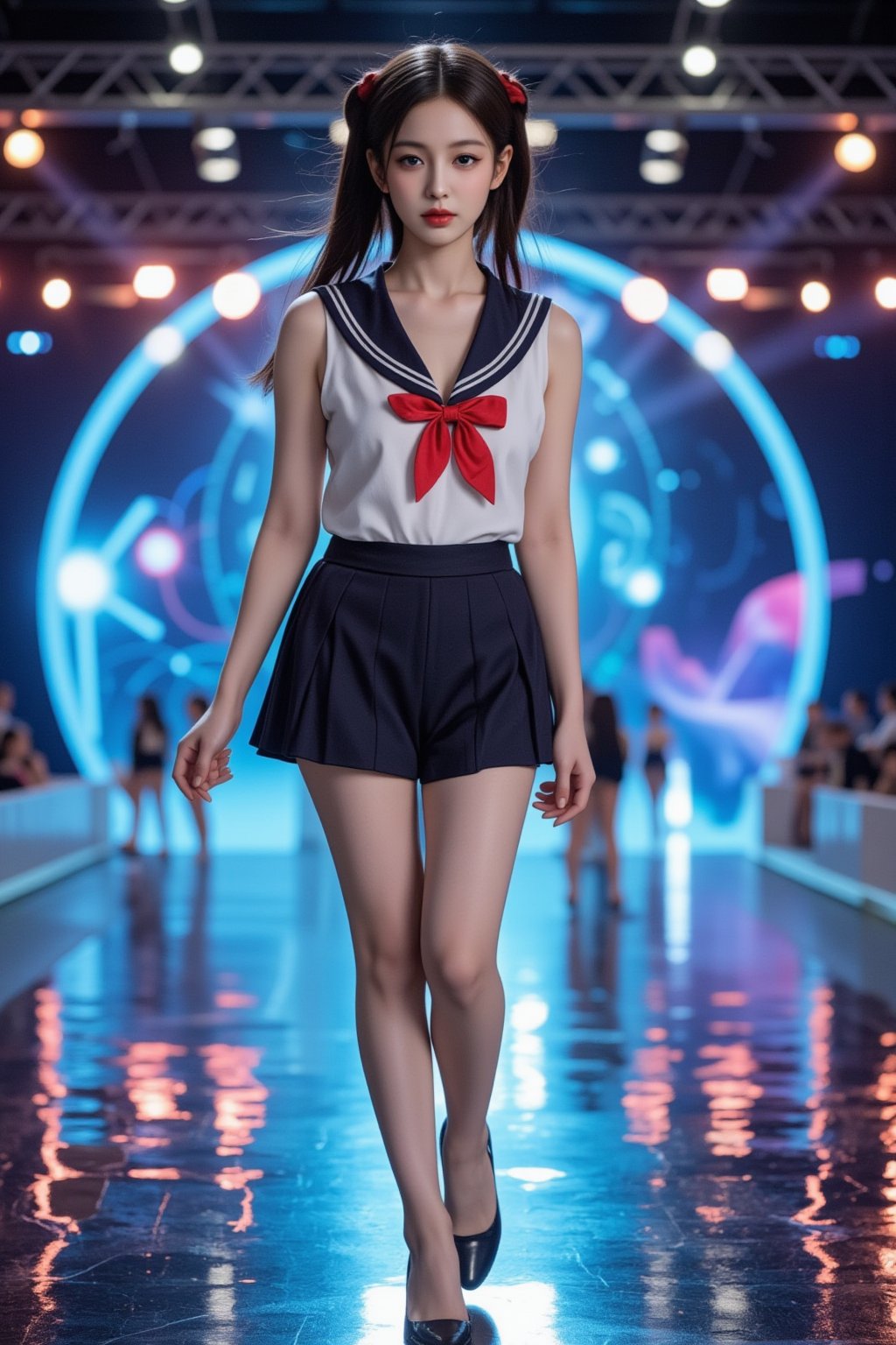 An 18-year-old girl, dressed in a traditional Japanese school sailor uniform, walks confidently on a futuristic runway, lit by digital spotlights. Her eyes are focused straight ahead, filled with passion and drive to achieve stardom, and a soft smile graces her face, adding a touch of warmth and optimism. Around her, holographic visuals of AI technology shimmer, symbolizing the modern world where her talent will shine. Full-body, capturing her strong posture, the energy of her smile, and the vibrant world of AI advancements.
