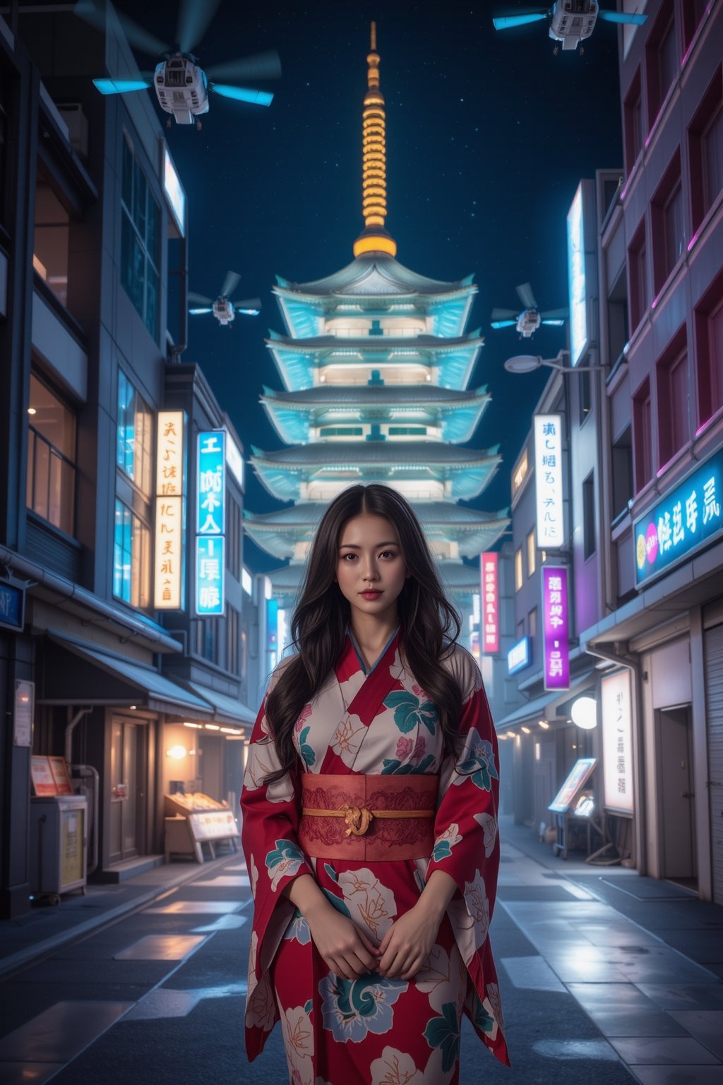 A stunning Japanese beauty stands out on the futuristic Kyoto streets at night, her traditional kimono vibrant against sleek, high-tech architecture with shimmering digital panels and holographic displays. Confidently posing with hands tucked into her sleeves, her long hair flows gently in the cool, neon-lit night air. Above her, futuristic temples glow with bright, neon lights, their structures enhanced with AI technology, blending tradition with a cyberpunk aesthetic. The night sky is filled with futuristic flying vehicles, their lights reflecting off the temple rooftops and casting vibrant, moving patterns onto the street below. Street vendors' stalls feature interactive digital elements, bursting with neon colors that perfectly match the bustling, futuristic vibe of the city. Her elegant figure is framed by this dynamic, technologically advanced, neon-infused cityscape, under the watchful presence of hovering aircraft.
