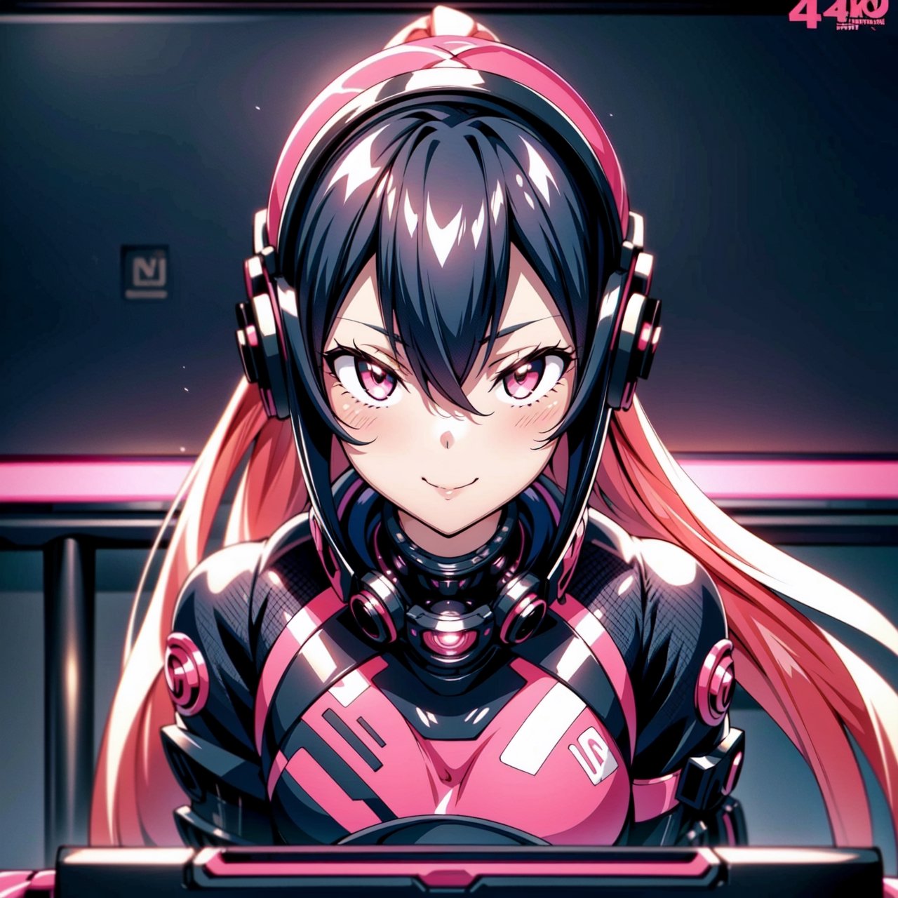 Female Ninja,Black mask,Close-up, Pink horsetail, sweet smile, lovely,working on laptop,cyberpunk style,headphones,listening to music,lofi background,keyboard,mouse,LED lights,(best quality,4k,8k,highres,masterpiece:1.2),ultra-detailed,(realistic,photorealistic:1.37),mecha,urban techwear,outfit,3DMM