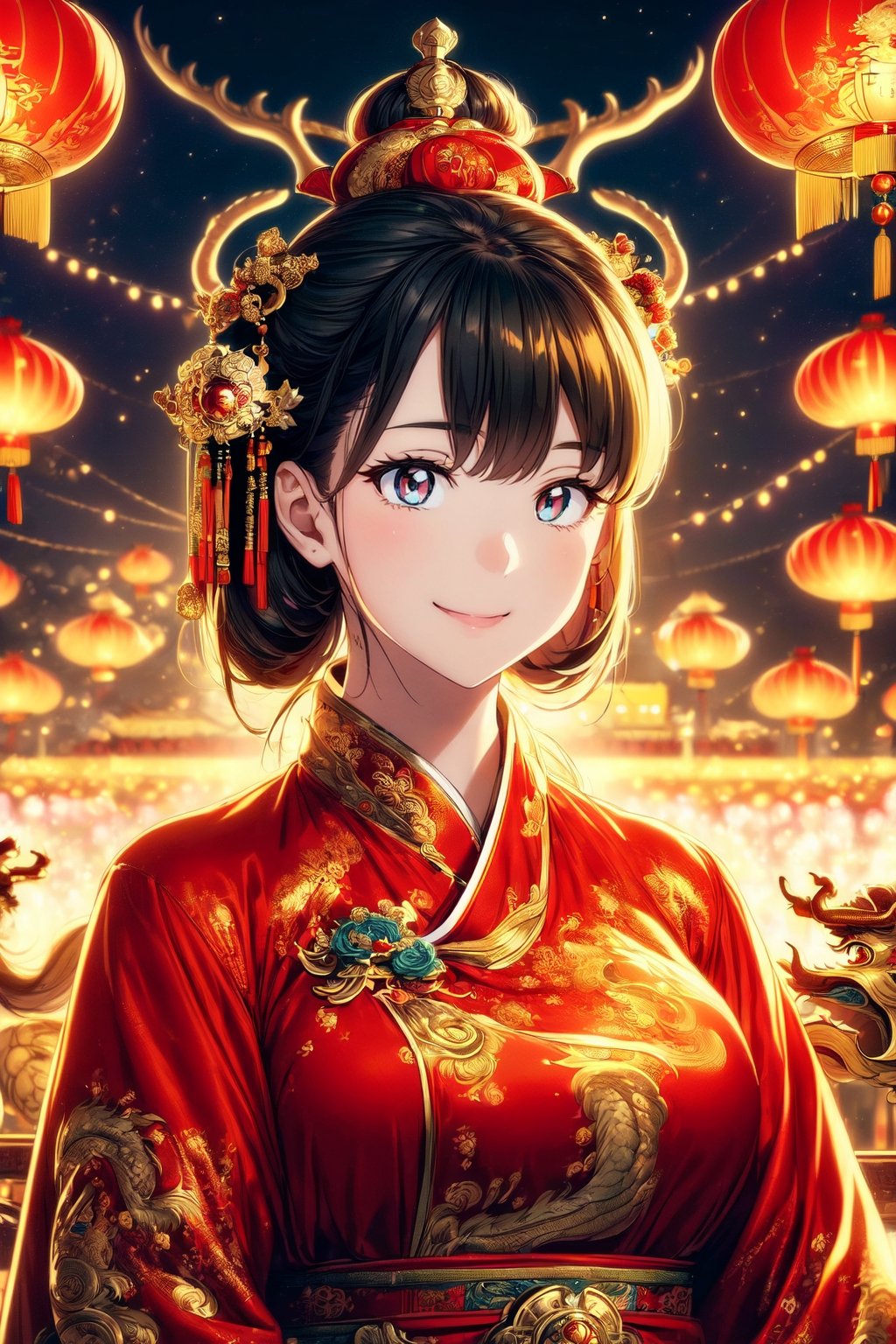 (masterpiece, high quality:1.5), Vibrant, detailed, high-resolution, artistic, majestic, magnificent, elaborate detail, awe-inspiring, splendid, celebratory, 
1 girl, China Tang Dynasty costumes, elegant, traditional, culturally rich, 
night sky, grand fireworks display, glowing red lanterns, cultural heritage, festive atmosphere, ancient cityscape, traditional architecture, 
(Giant golden dragon:1.2), flying dragon in the sky, large, majestic, overwhelming presence, by FuturEvoLab, historical, mythical, dynamic, visually striking, Exquisite face,1 girl,More Detail,Oiran,Exquisite face