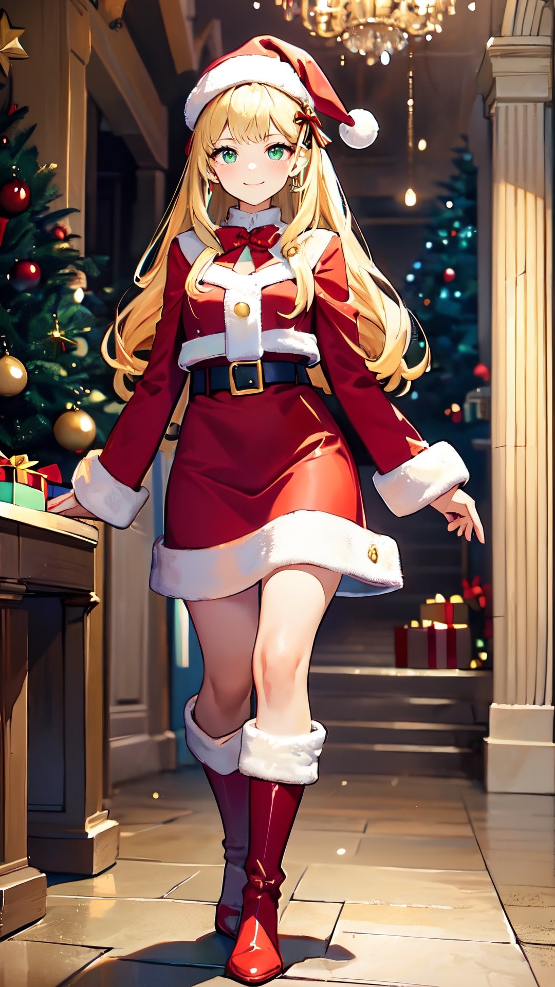 ((masterpiece, best quality, ultra-detailed, very fine 8KCG wallpapers)), 1girl, solo, kawaii, smile, medium breasts, blonde hair, long hair, green eyes, santa, red beret, red bow ribbon, red gloves, red dress, red boots, santa girl costume, christmas, holy night, christmas decorations, christmas night, nice hands, perfect hands,