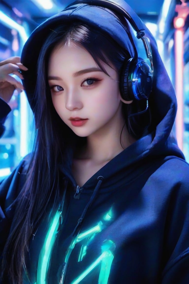 masterpiece, best quality, photorealistic, 1girl, solo, long straight hair, jet-black hair with neon highlights, looking at viewer, upper body, Cybernetic Lab Background, minimal background, neon blue and green lighting, soft shadows, focused expression, detailed skin, smooth features, cyber setup, classic portrait style, high clarity, simple background, cinematic lighting, wearing a sleek black hoodie with holographic elements and high-tech headphones, futuristic and edgy, FuturEvoLabMecha, FuturEvoLabAnime,FuturEvoLabCyberpunk