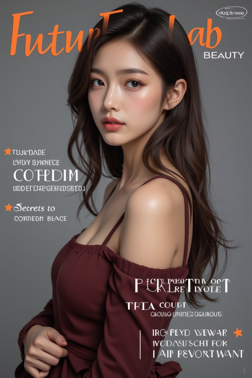 A high-fashion magazine cover featuring a close-up, upper-body shot of a beautiful Japanese female model with an enhanced bust size, confidently posing with elegance. Her sharp yet graceful facial features are highlighted, and she wears a stylish, modern outfit that accentuates her figure while maintaining a sophisticated and polished look. The background is a neutral gray with professional, magazine-quality lighting that enhances her photorealistic skin texture.

Across the cover, bold and stylish magazine text is displayed, including the title in elegant font: **"FuturEvoLab Beauty"** at the top. Other headlines include:
- **"Fashion Forward: The Future of Elegance"**
- **"Secrets to Confidence and Style"**
- **"Model of the Year: Embracing Allure and Power"**

The overall composition combines high-end fashion photography with captivating headlines that frame the model’s pose, drawing attention to her beauty and presence. The cover reflects sophistication, confidence, and modern fashion, with the FuturEvoLabBeautify aesthetic enhancing the visual impact.