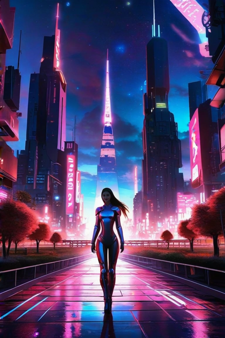 masterpiece, best quality, 1girl, solo, long hair, bodysuit, science fiction, outdoors, sky, cloud, water, tree, no humans, night, night sky, starry sky, lamppost, FuturEvoLabCity, FuturEvoLabCyberpunk, FuturEvoLabAnime