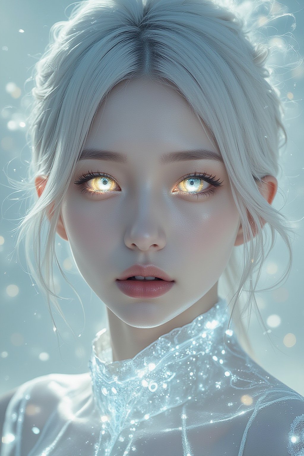 close, albino woman with glowing eyes and hair in white gold jewelry, light painting, futuristic digital, realistic sci-fi, lights, gold filigree, silver lashes, diamond, ethereal, misty, holographic, white sky on background,glitter