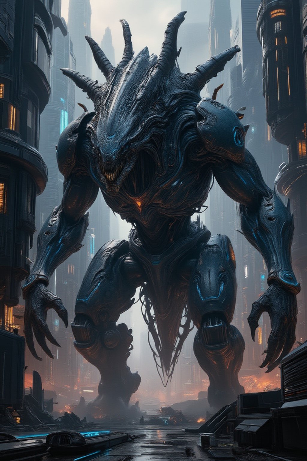 A colossal alien creature rampaging through a futuristic metropolis, its body covered in thick, scaly armor with glowing blue veins running across its skin. The alien has multiple limbs, some with sharp claws and others emitting strange energy. The futuristic city is made of sleek glass and metal skyscrapers, with flying cars and neon billboards, now being destroyed by the massive creature. The city is engulfed in smoke, fire, and chaos as the alien moves through it,FuturEvoLabGiant,FuturEvoLabMecha,FuturEvoLabArmor