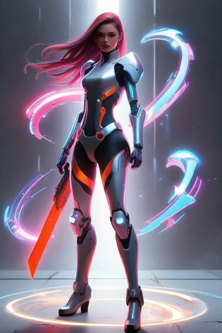 masterpiece, best quality, anime, anime style, Game character design, cyberpunk, full body, 1girl, solo, mecha, energy sword weapon, looking at viewer, gray background, FuturEvoLabMecha, FuturEvoLabGame, FuturEvoLabAnime, FuturEvoLabTaichi, FuturEvoLabCyberpunk, yin yang, taichi