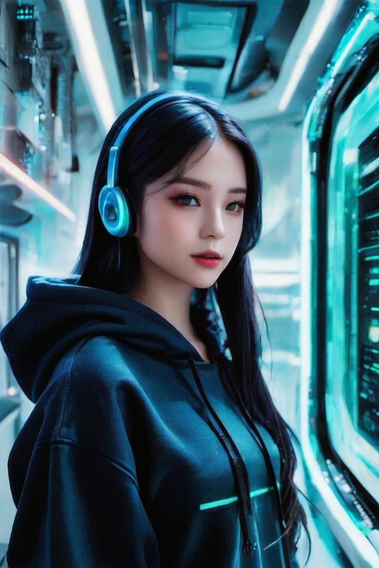 masterpiece, best quality, photorealistic, 1girl, solo, long straight hair, jet-black hair with neon highlights, looking at viewer, upper body, Cybernetic Lab Background, minimal background, neon blue and green lighting, soft shadows, focused expression, detailed skin, smooth features, cyber setup, classic portrait style, high clarity, simple background, cinematic lighting, wearing a sleek black hoodie with holographic elements and high-tech headphones, futuristic and edgy, FuturEvoLabMecha, FuturEvoLabAnime,FuturEvoLabCyberpunk